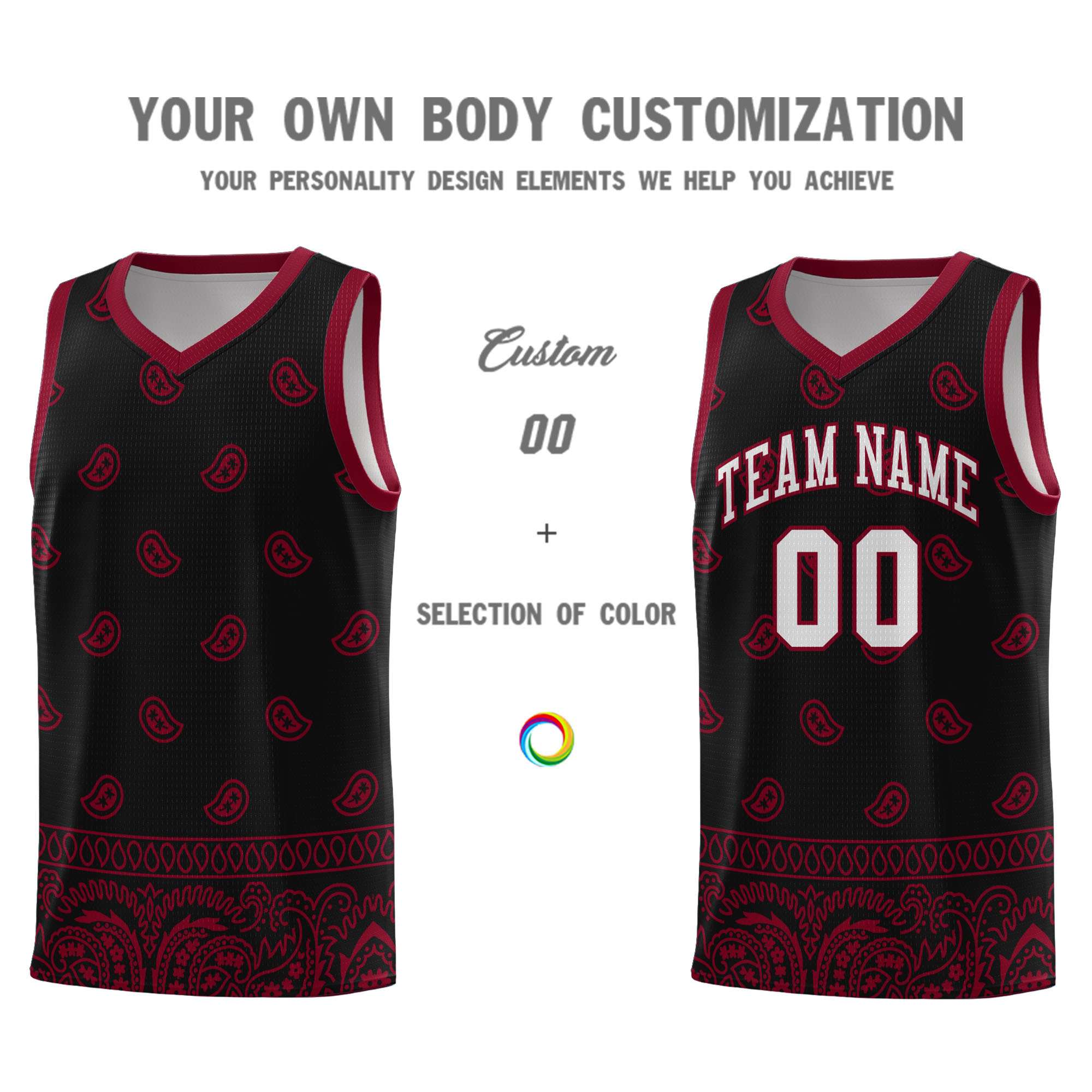 Custom Black Crimson Personalized Cashew Pattern Sports Uniform Basketball Jersey