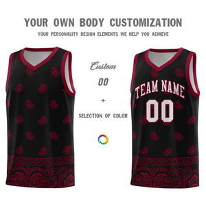 Custom Black Crimson Personalized Cashew Pattern Sports Uniform Basketball Jersey