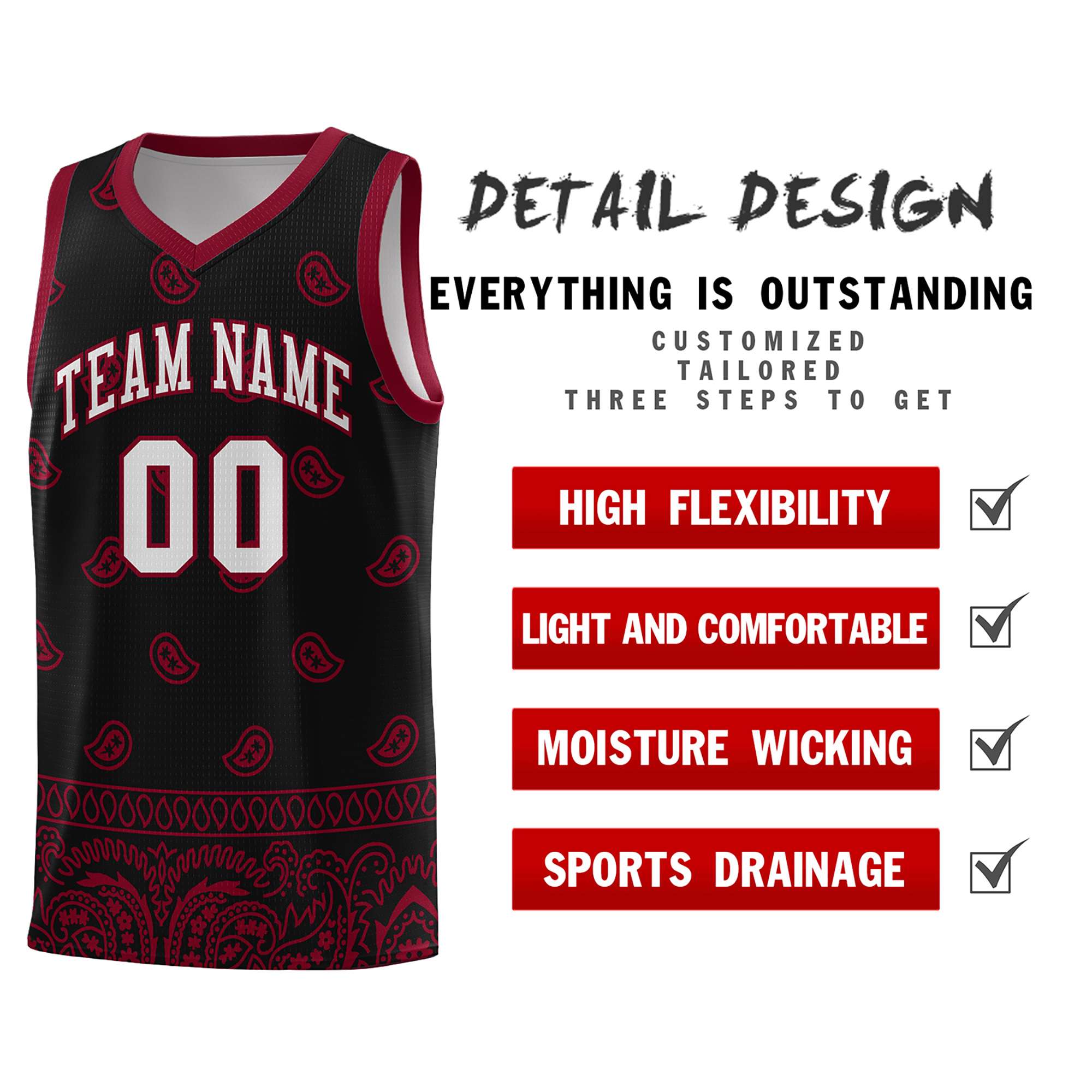 Custom Black Crimson Personalized Cashew Pattern Sports Uniform Basketball Jersey