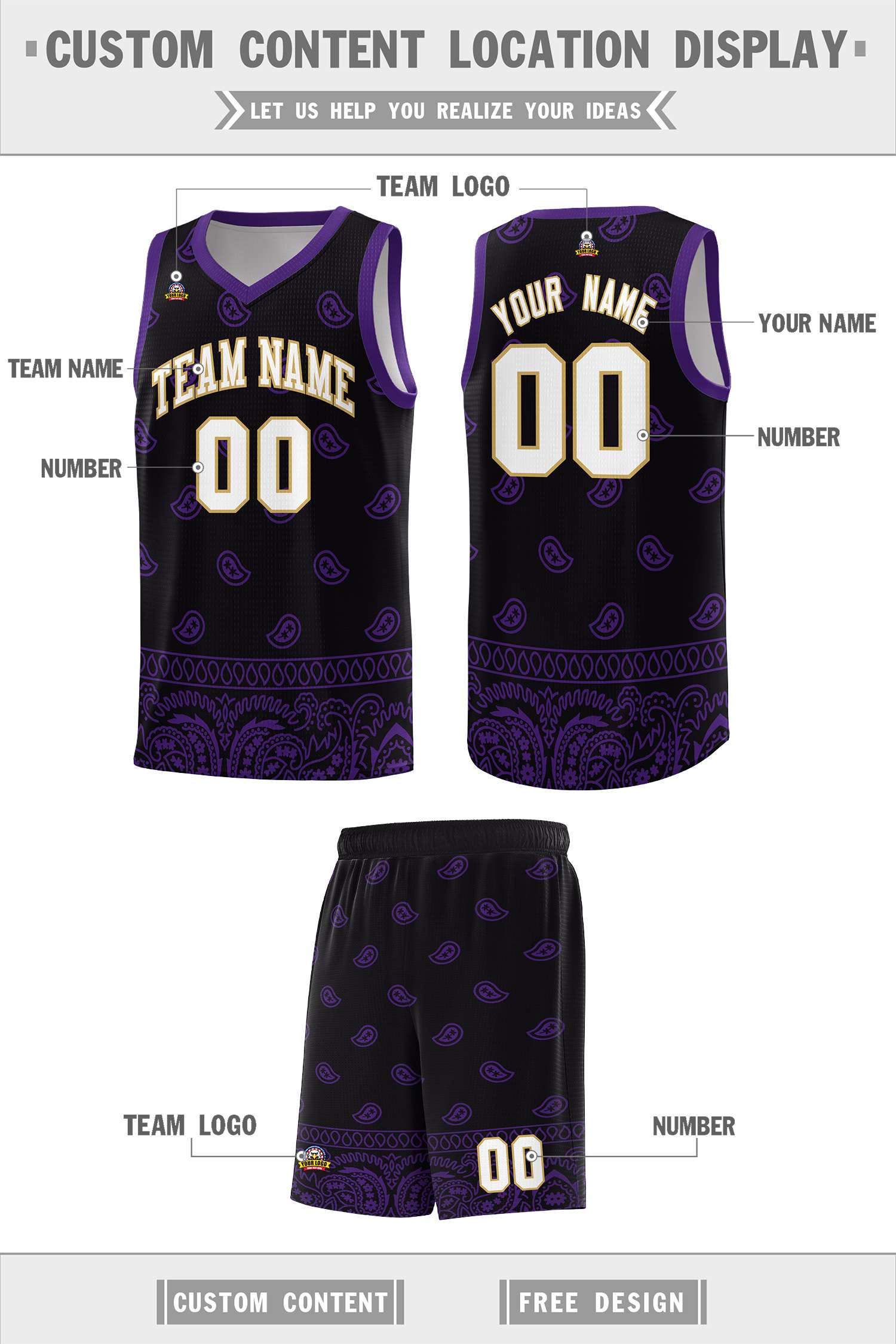 Custom Black Purple Personalized Cashew Pattern Sports Uniform Basketball Jersey