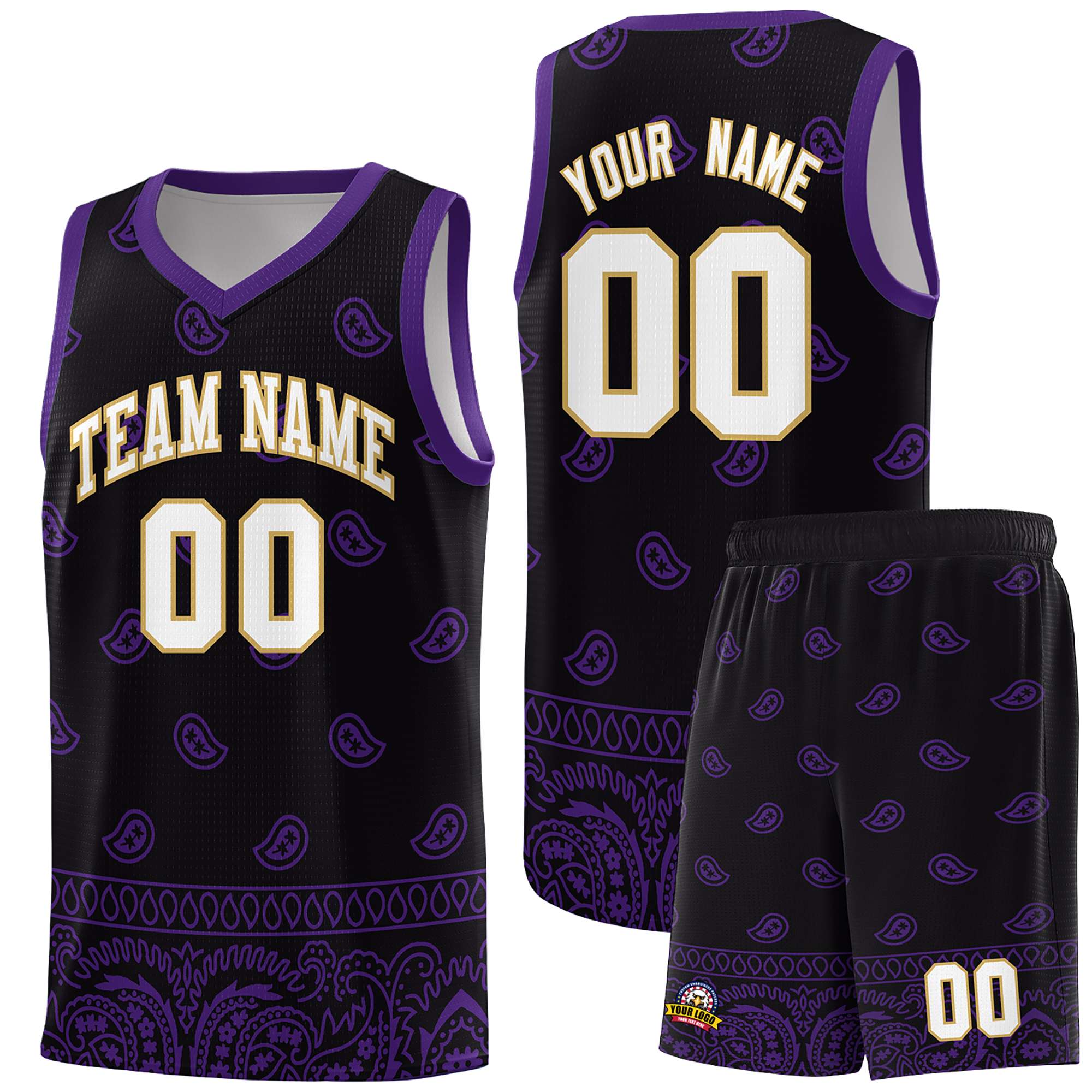 Custom Black Purple Personalized Cashew Pattern Sports Uniform Basketball Jersey