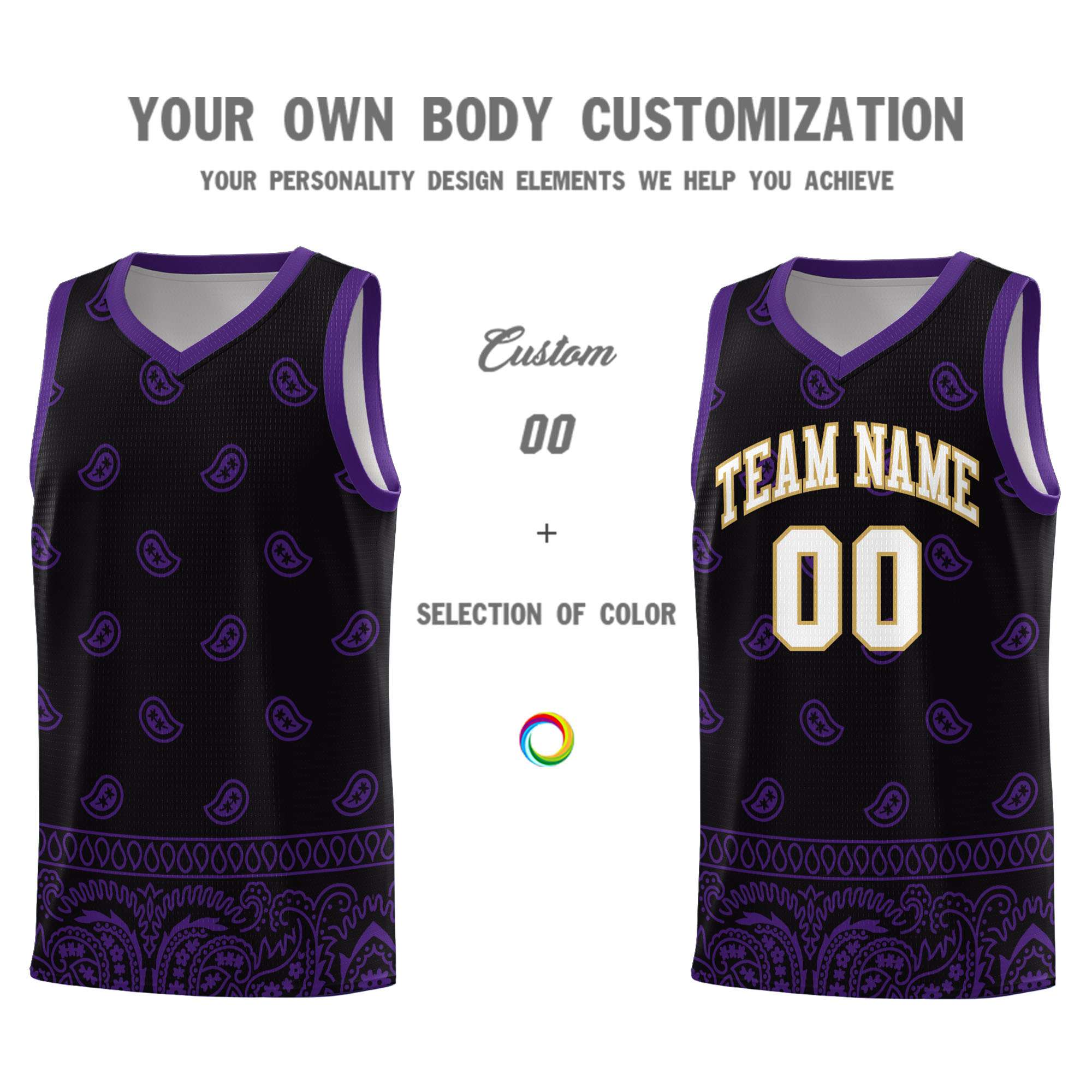 Custom Black Purple Personalized Cashew Pattern Sports Uniform Basketball Jersey