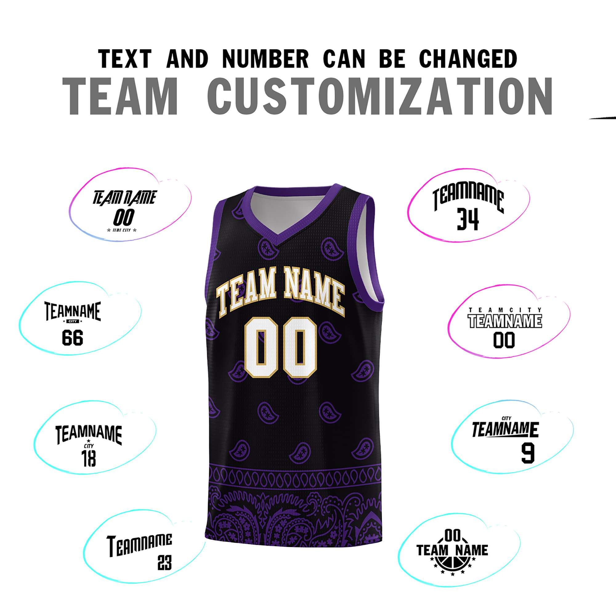 Custom Black Purple Personalized Cashew Pattern Sports Uniform Basketball Jersey