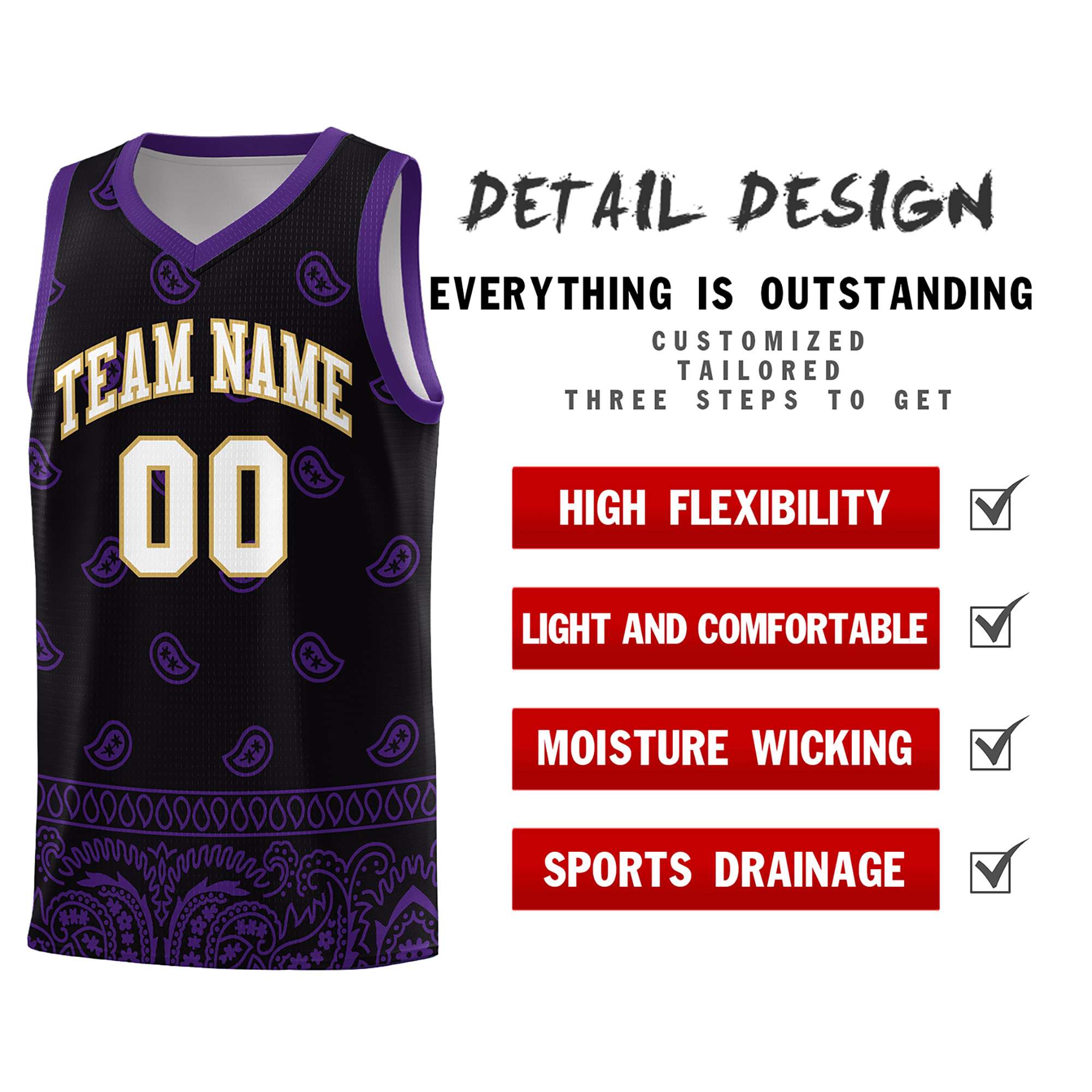 Custom Black Purple Personalized Cashew Pattern Sports Uniform Basketball Jersey