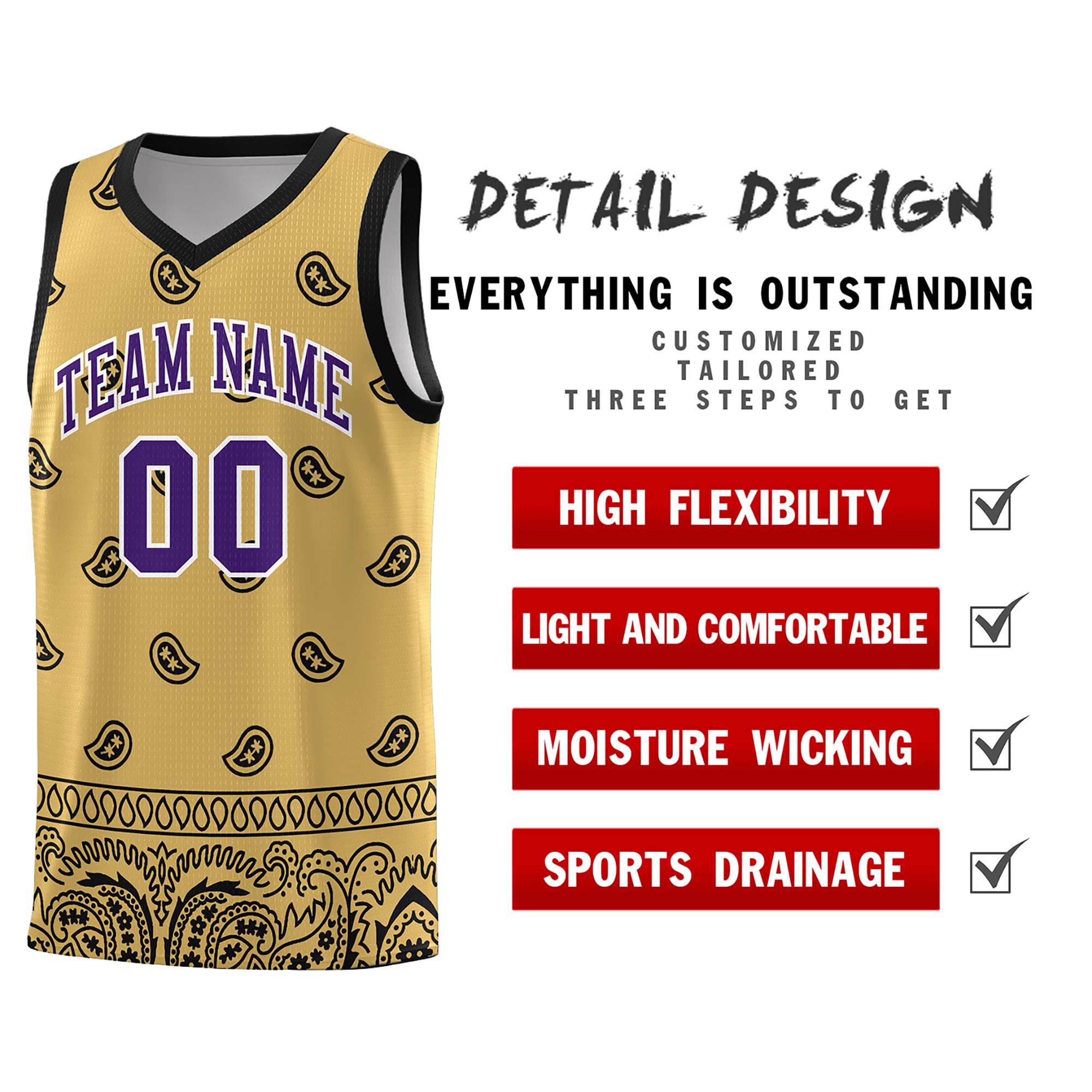 Custom Old Gold Black Personalized Cashew Pattern Sports Uniform Basketball Jersey