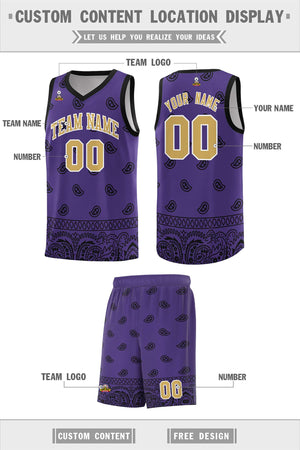 Custom Purple Black Personalized Cashew Pattern Sports Uniform Basketball Jersey