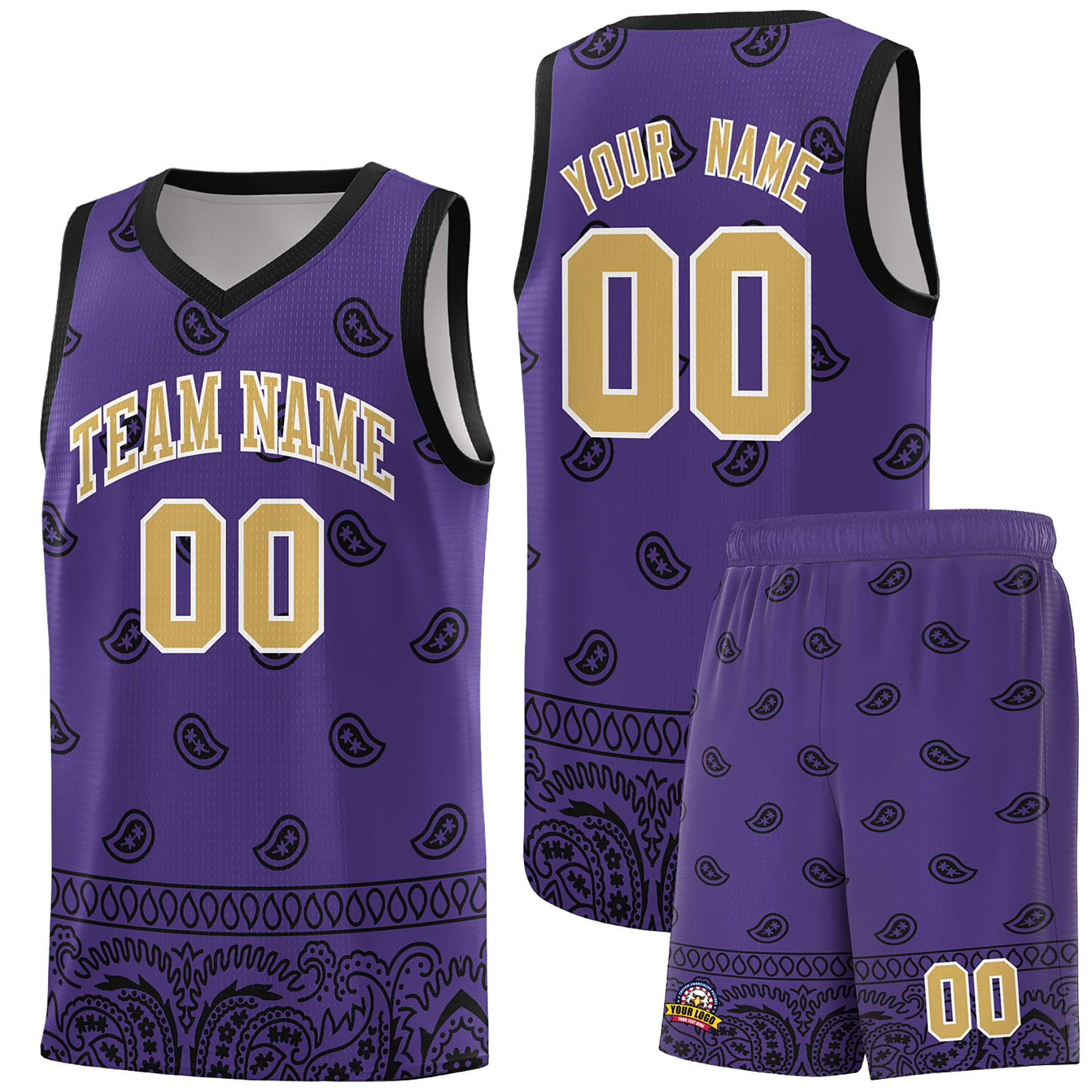 Custom Purple Black Personalized Cashew Pattern Sports Uniform Basketball Jersey