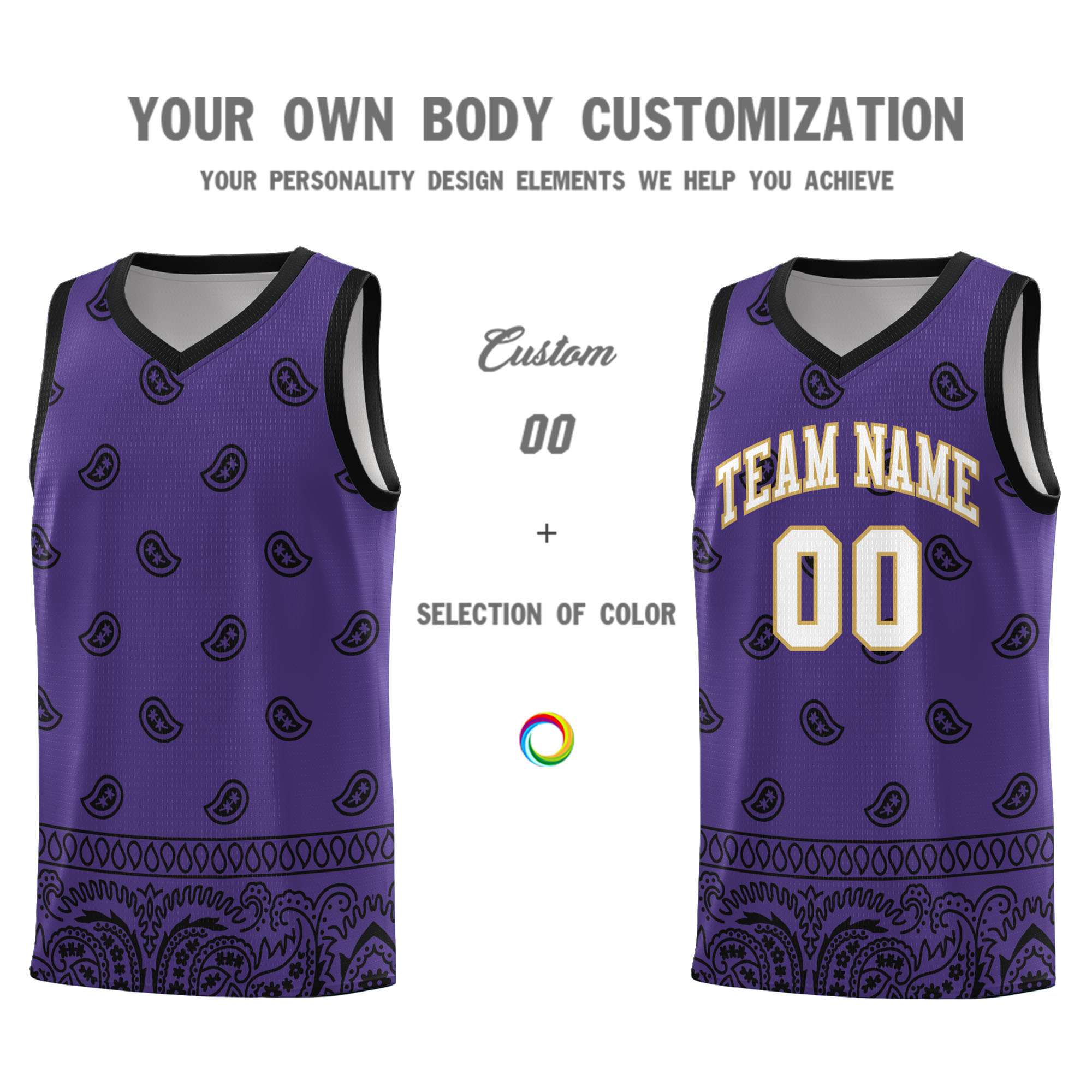 Custom Purple Black Personalized Cashew Pattern Sports Uniform Basketball Jersey