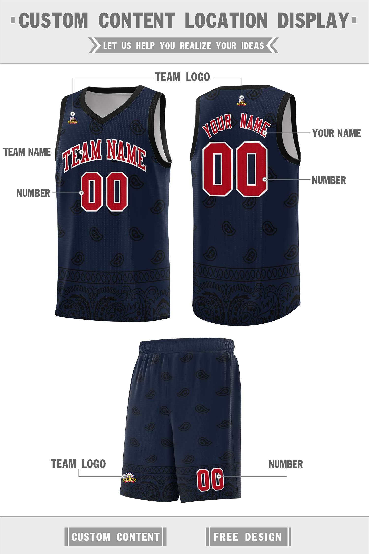 Custom Navy Black Personalized Cashew Pattern Sports Uniform Basketball Jersey