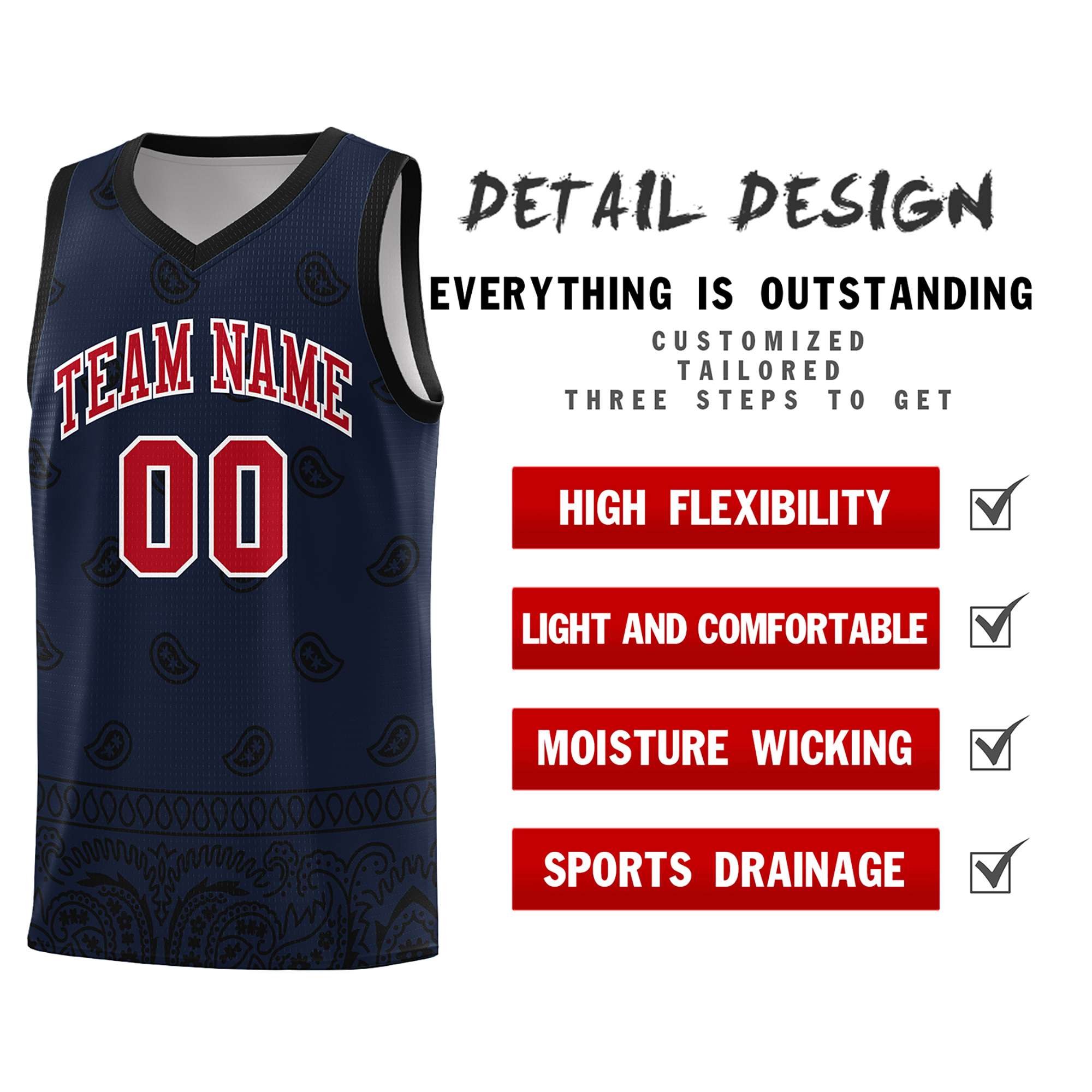 Custom Navy Black Personalized Cashew Pattern Sports Uniform Basketball Jersey