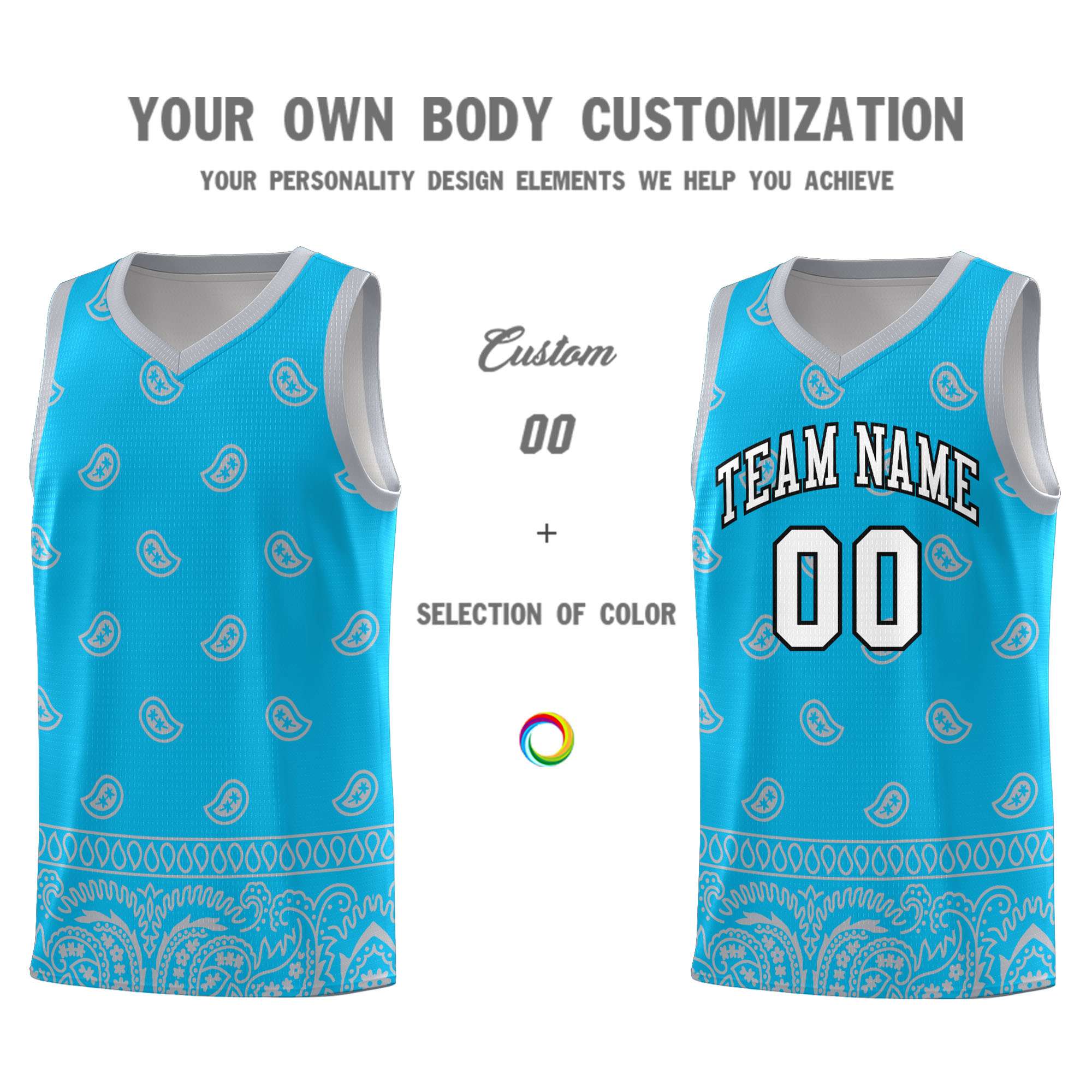 Custom Sky Blue Gray Personalized Cashew Pattern Sports Uniform Basketball Jersey