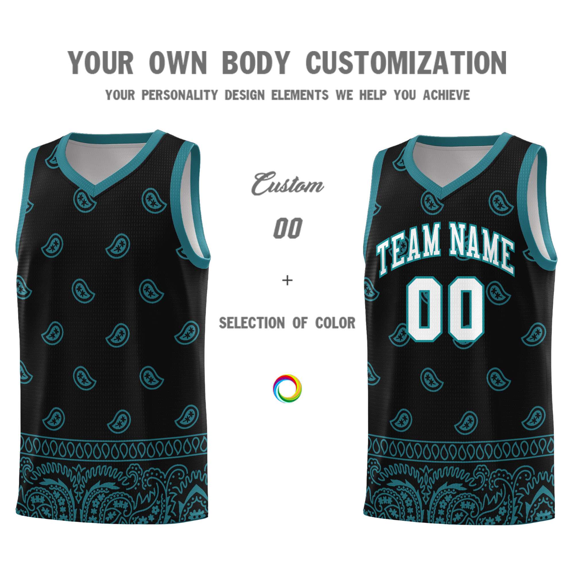 Custom Black Aqua Personalized Cashew Pattern Sports Uniform Basketball Jersey