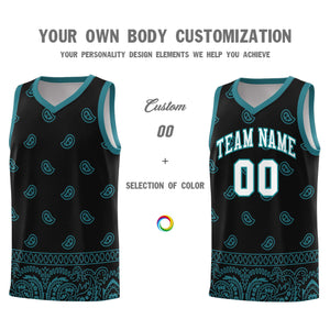 Custom Black Aqua Personalized Cashew Pattern Sports Uniform Basketball Jersey