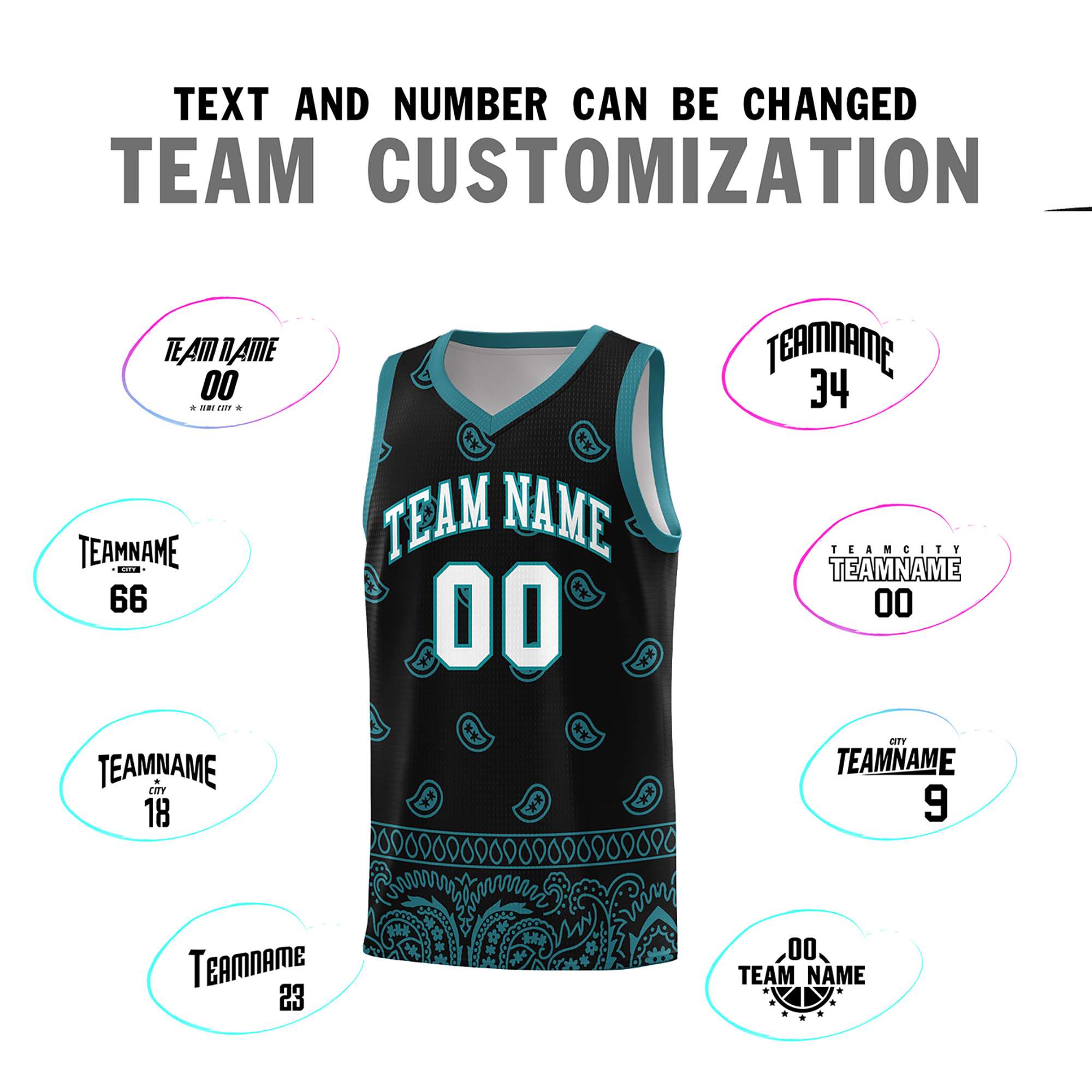 Custom Black Aqua Personalized Cashew Pattern Sports Uniform Basketball Jersey