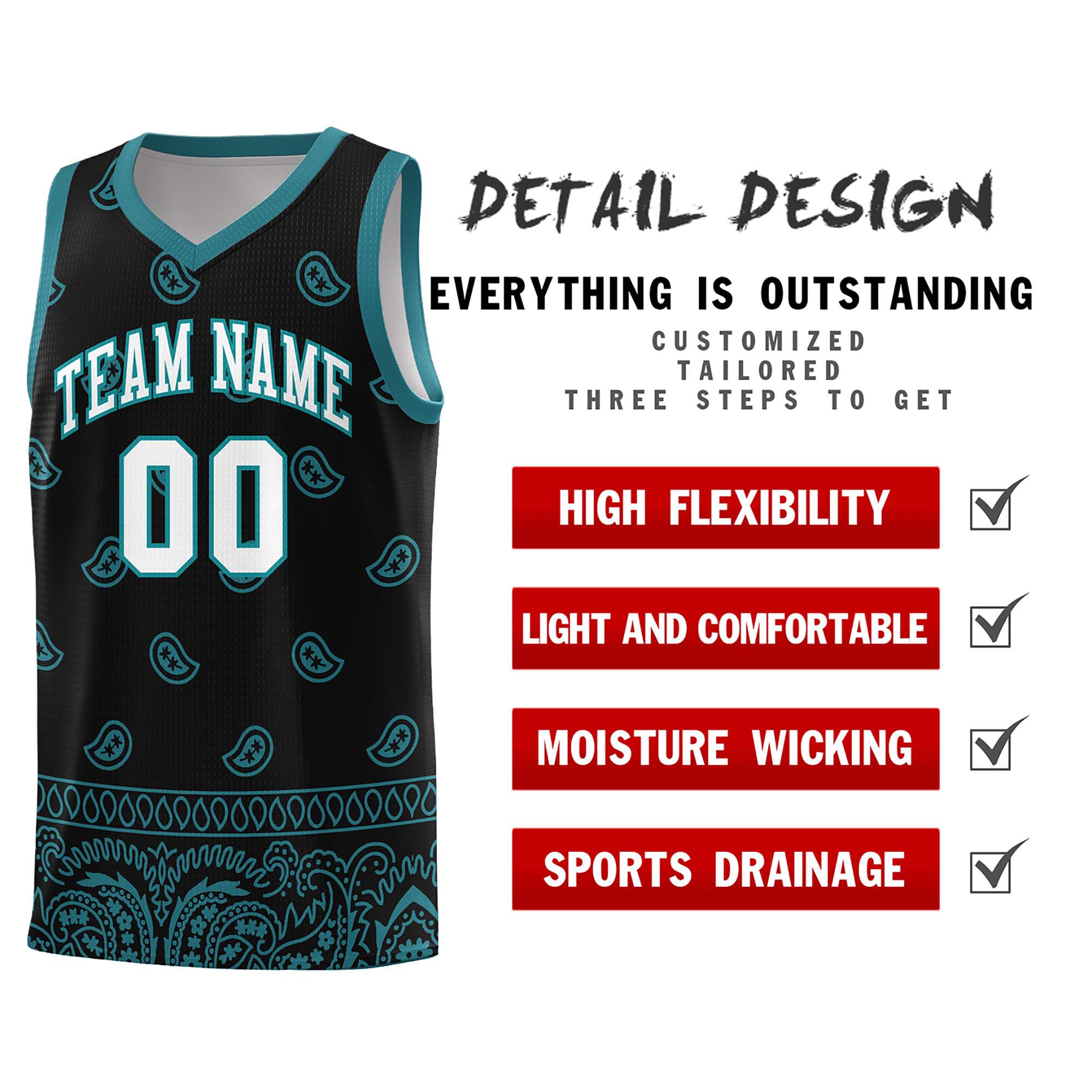 Custom Black Aqua Personalized Cashew Pattern Sports Uniform Basketball Jersey