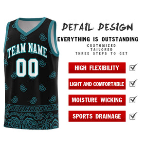 Custom Black Aqua Personalized Cashew Pattern Sports Uniform Basketball Jersey