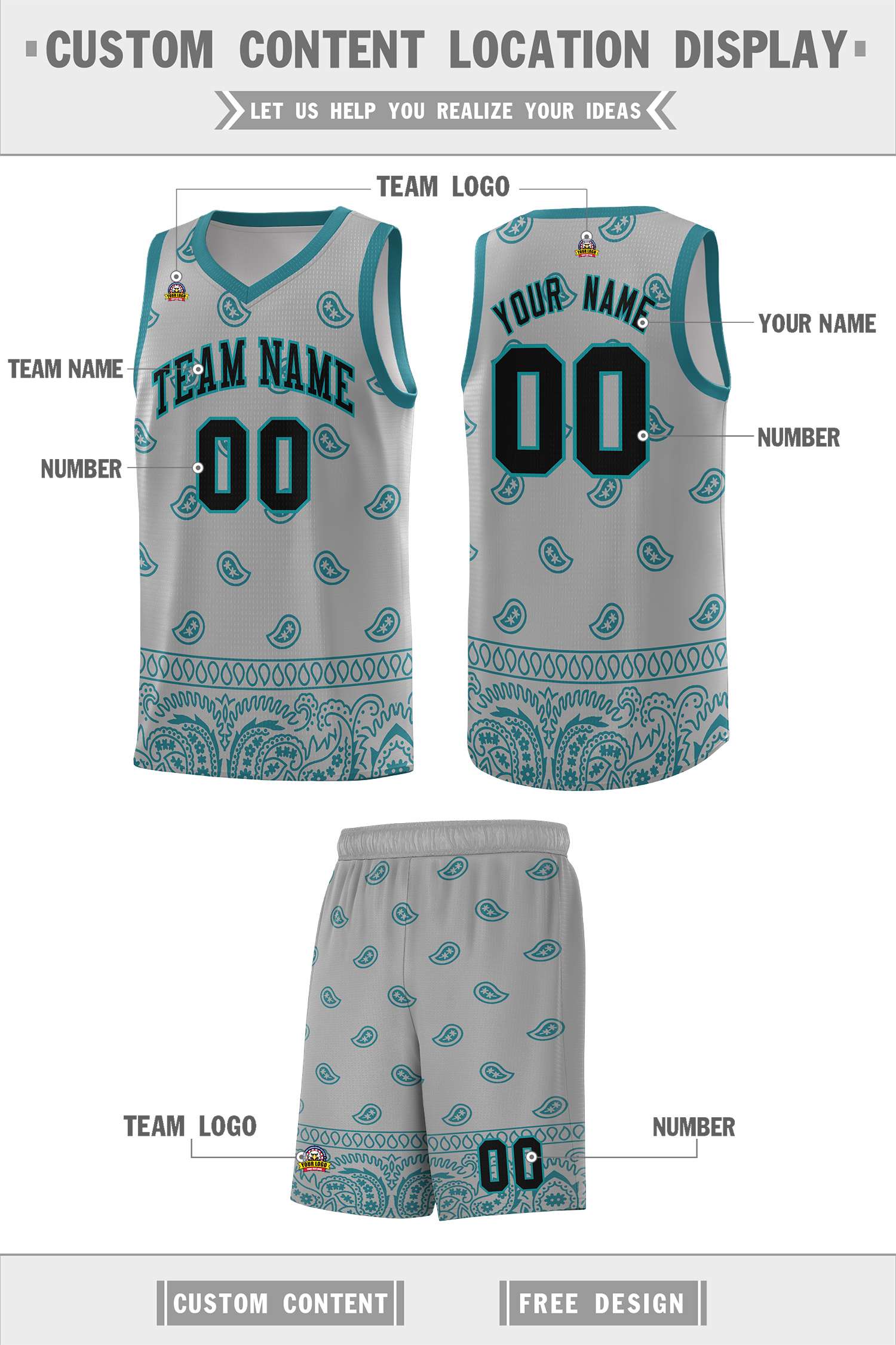 Custom Gray Aqua Personalized Cashew Pattern Sports Uniform Basketball Jersey