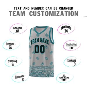 Custom Gray Aqua Personalized Cashew Pattern Sports Uniform Basketball Jersey