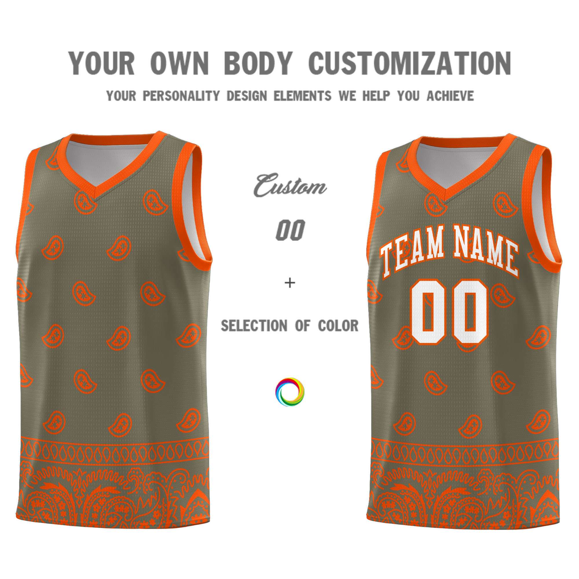 Custom Olive Orange Personalized Cashew Pattern Sports Uniform Basketball Jersey