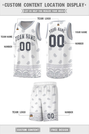 Custom White Gray Personalized Cashew Pattern Sports Uniform Basketball Jersey