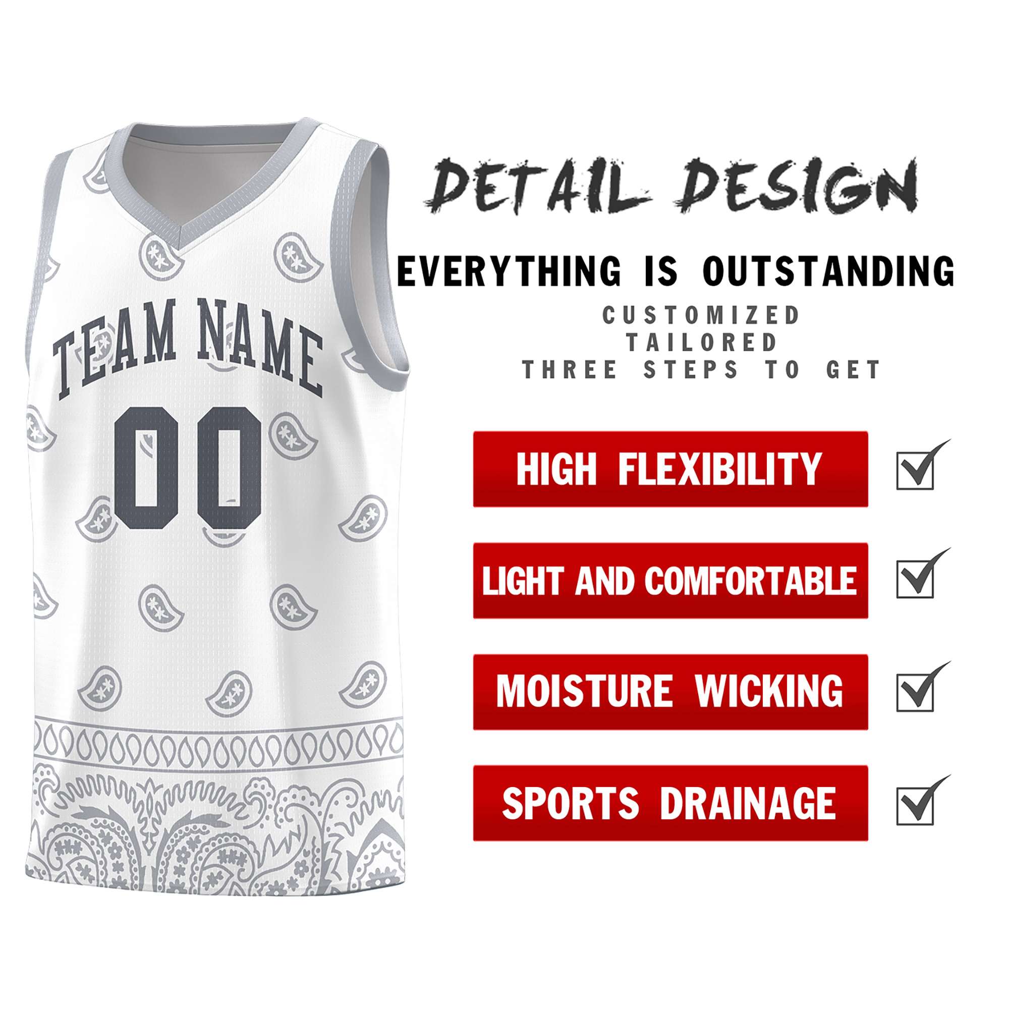 Custom White Gray Personalized Cashew Pattern Sports Uniform Basketball Jersey