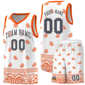 Custom White Orange Personalized Cashew Pattern Sports Uniform Basketball Jersey