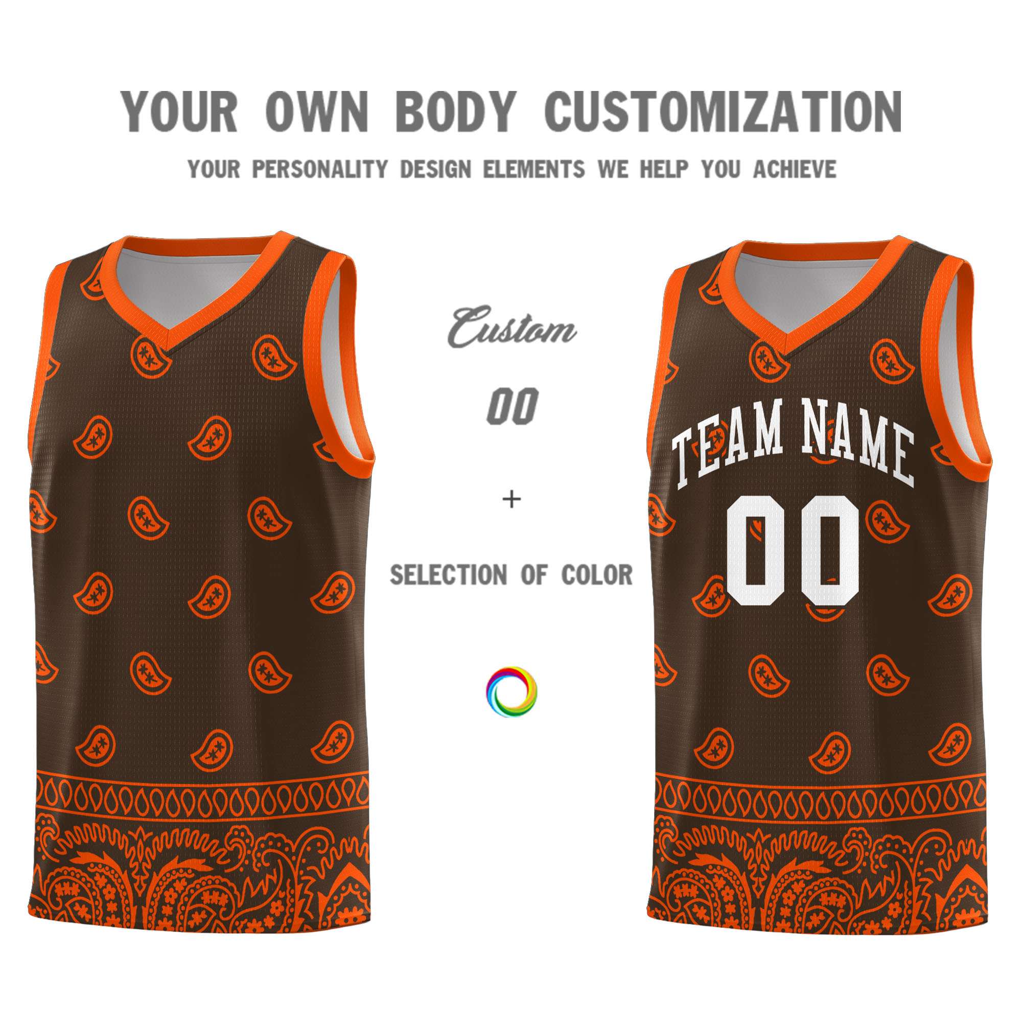 Custom Brown Orange Personalized Cashew Pattern Sports Uniform Basketball Jersey