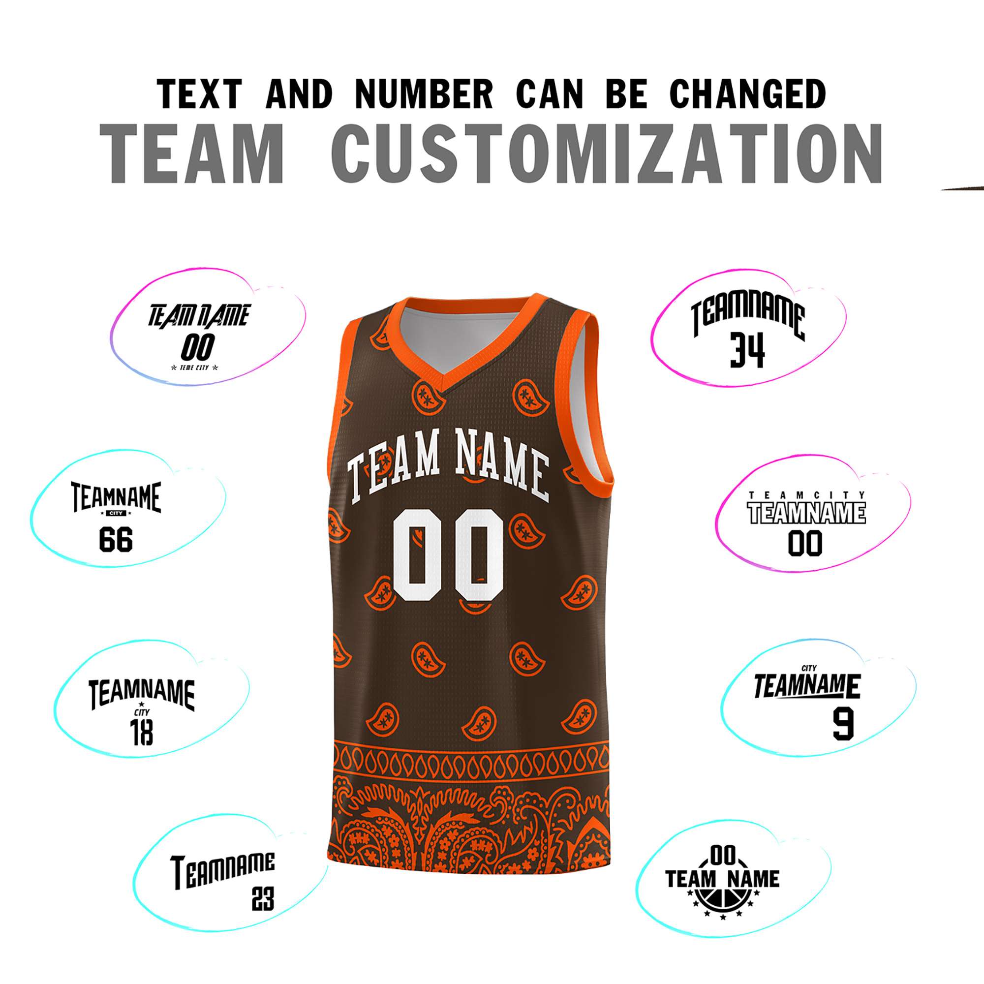 Custom Brown Orange Personalized Cashew Pattern Sports Uniform Basketball Jersey