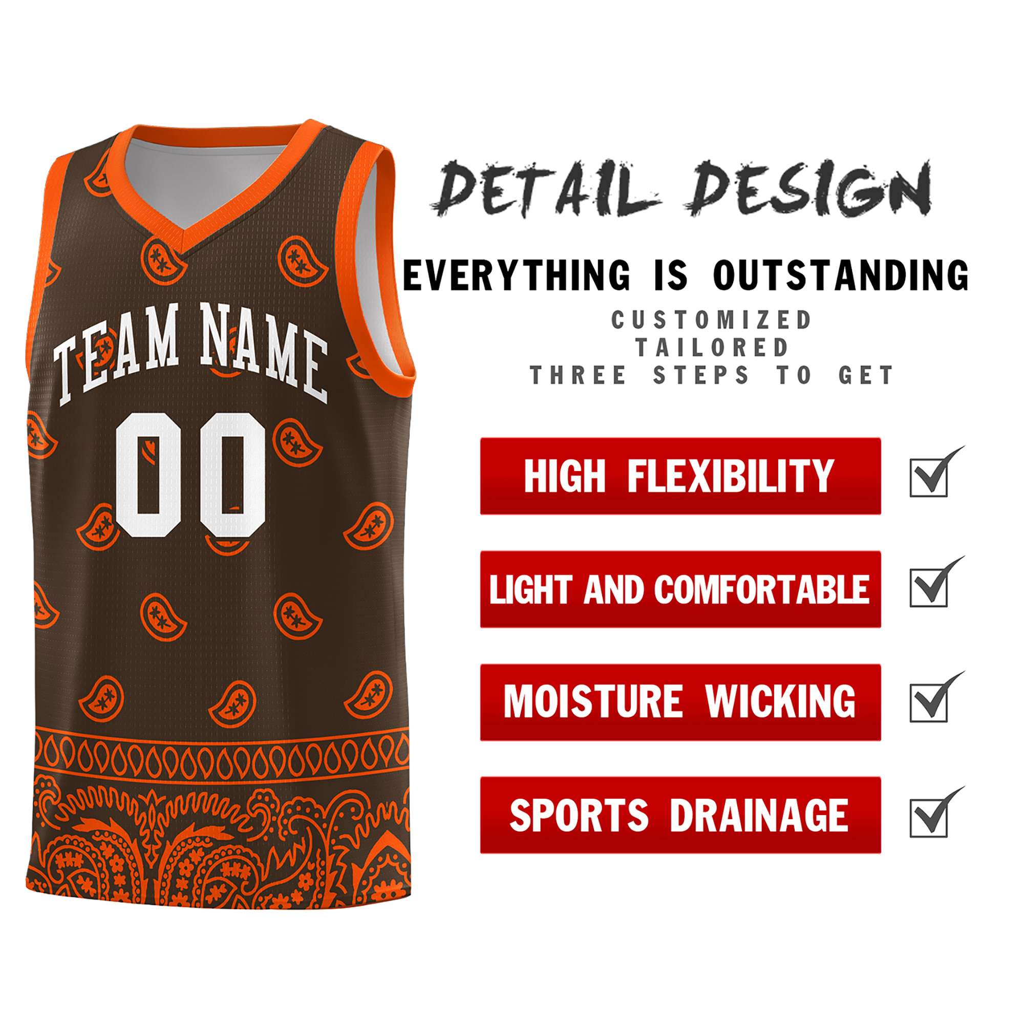 Custom Brown Orange Personalized Cashew Pattern Sports Uniform Basketball Jersey