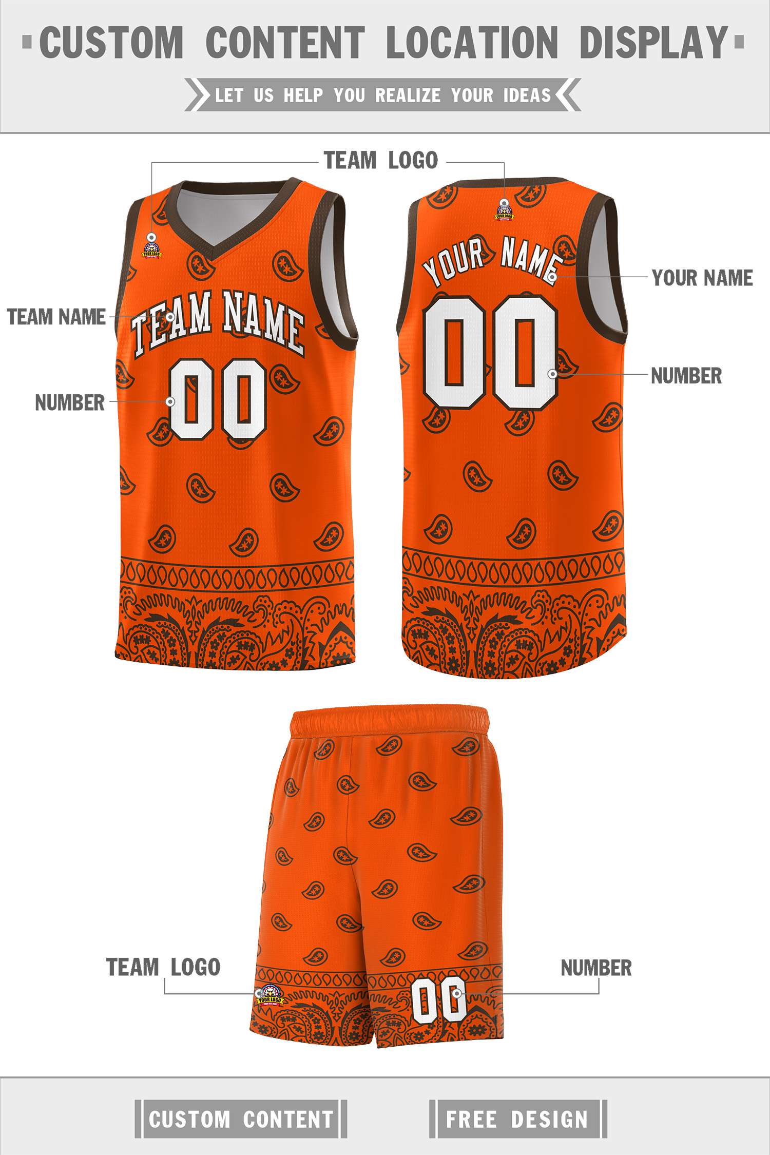 Custom Orange Brown Personalized Cashew Pattern Sports Uniform Basketball Jersey