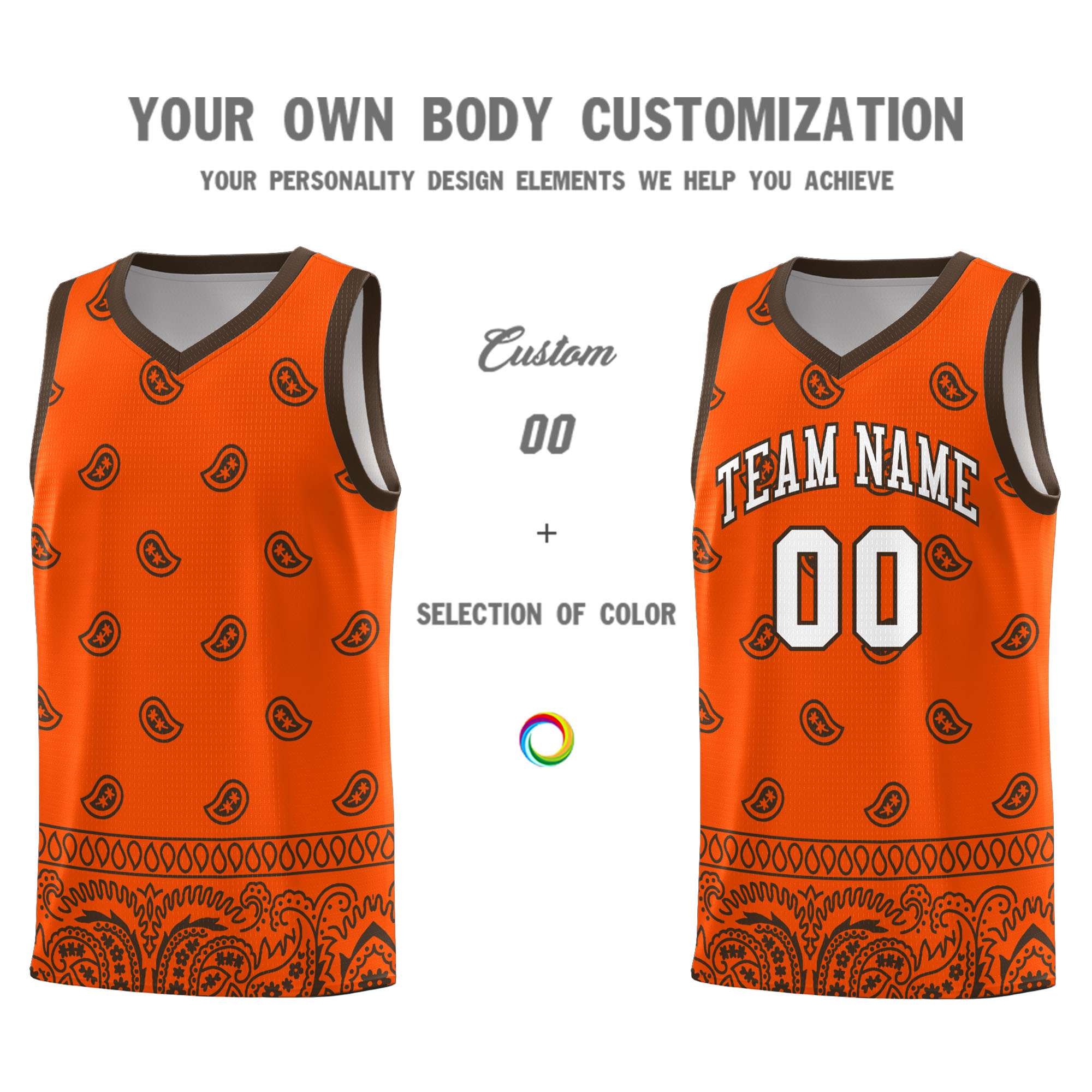 Custom Orange Brown Personalized Cashew Pattern Sports Uniform Basketball Jersey