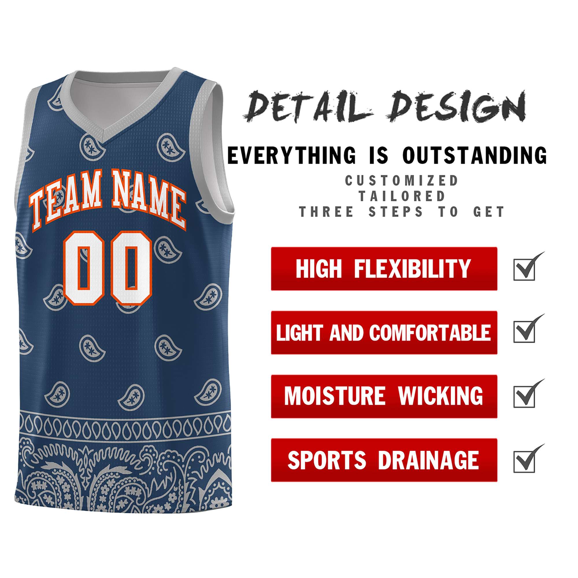 Custom Midnight Blue Gray Personalized Cashew Pattern Sports Uniform Basketball Jersey