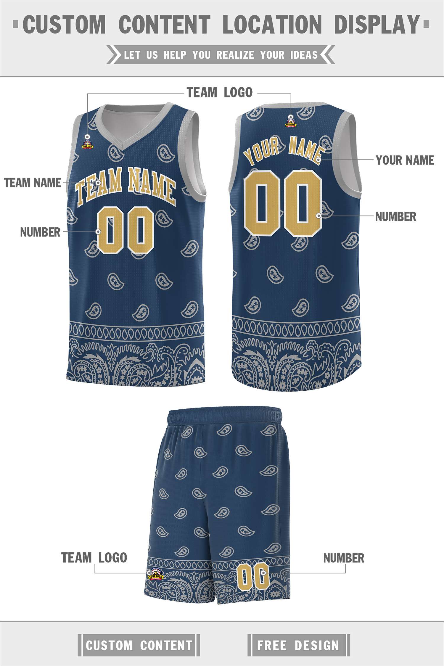 Custom Midnight Blue Gray Personalized Cashew Pattern Sports Uniform Basketball Jersey