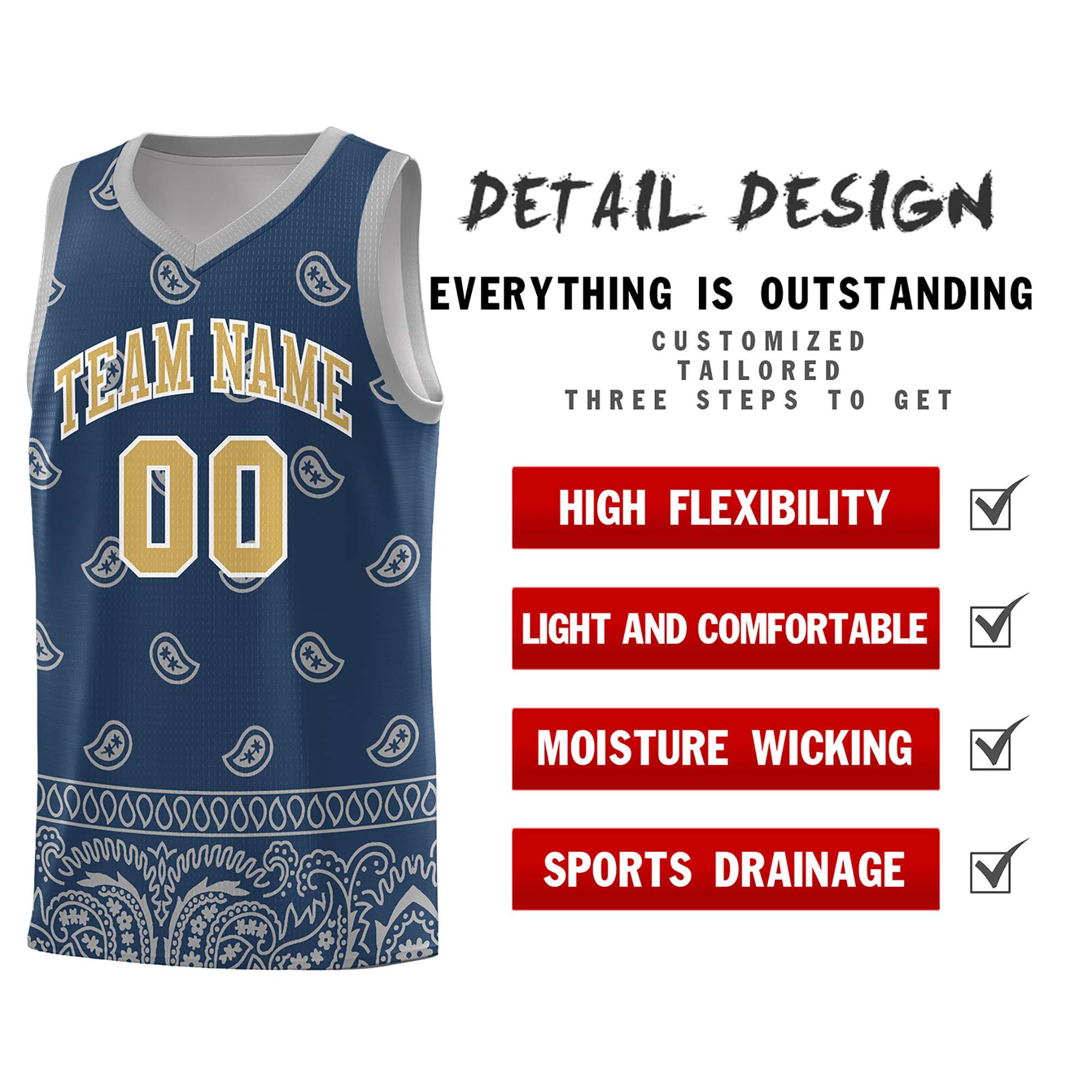 Custom Midnight Blue Gray Personalized Cashew Pattern Sports Uniform Basketball Jersey