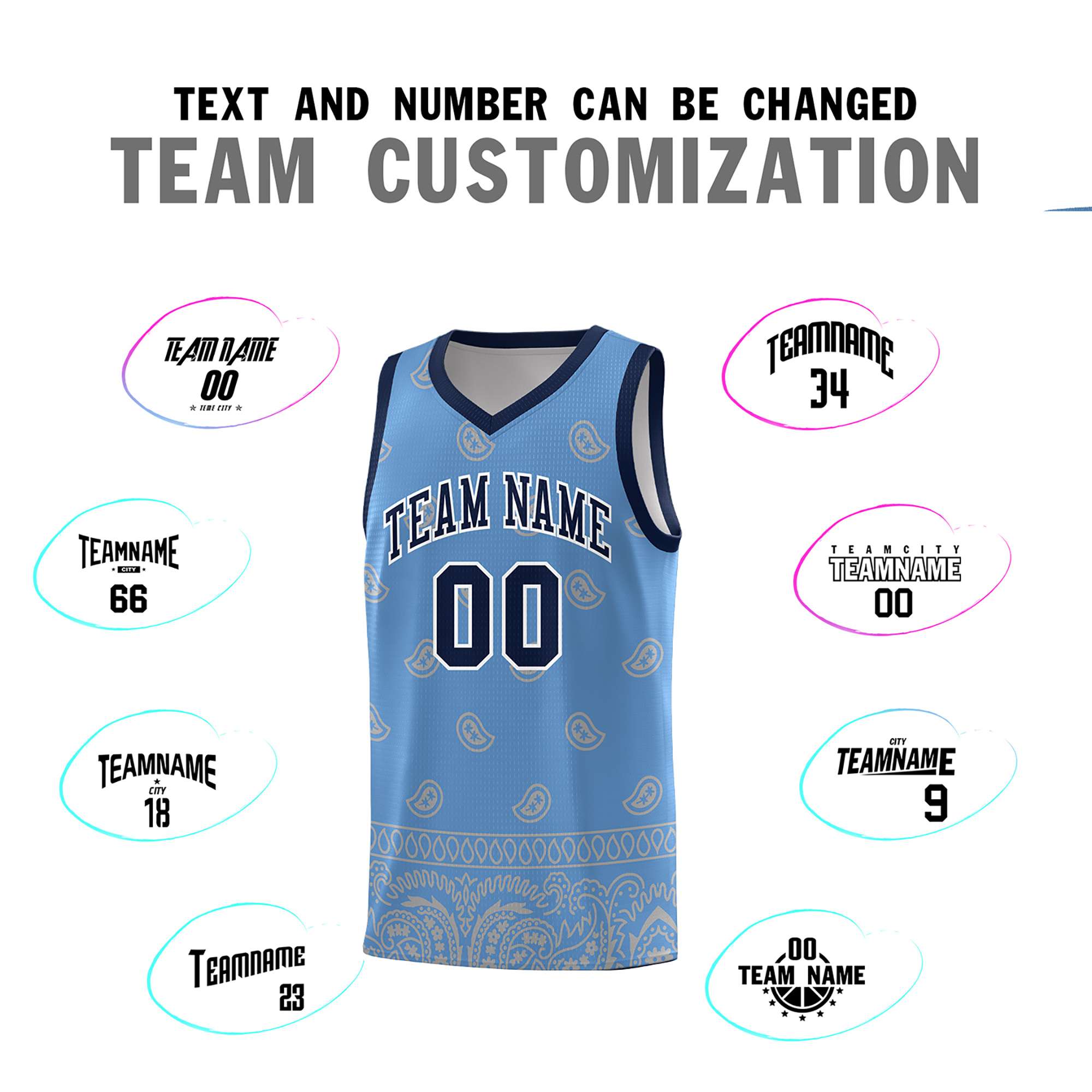 Custom Light Blue Gray Personalized Cashew Pattern Sports Uniform Basketball Jersey