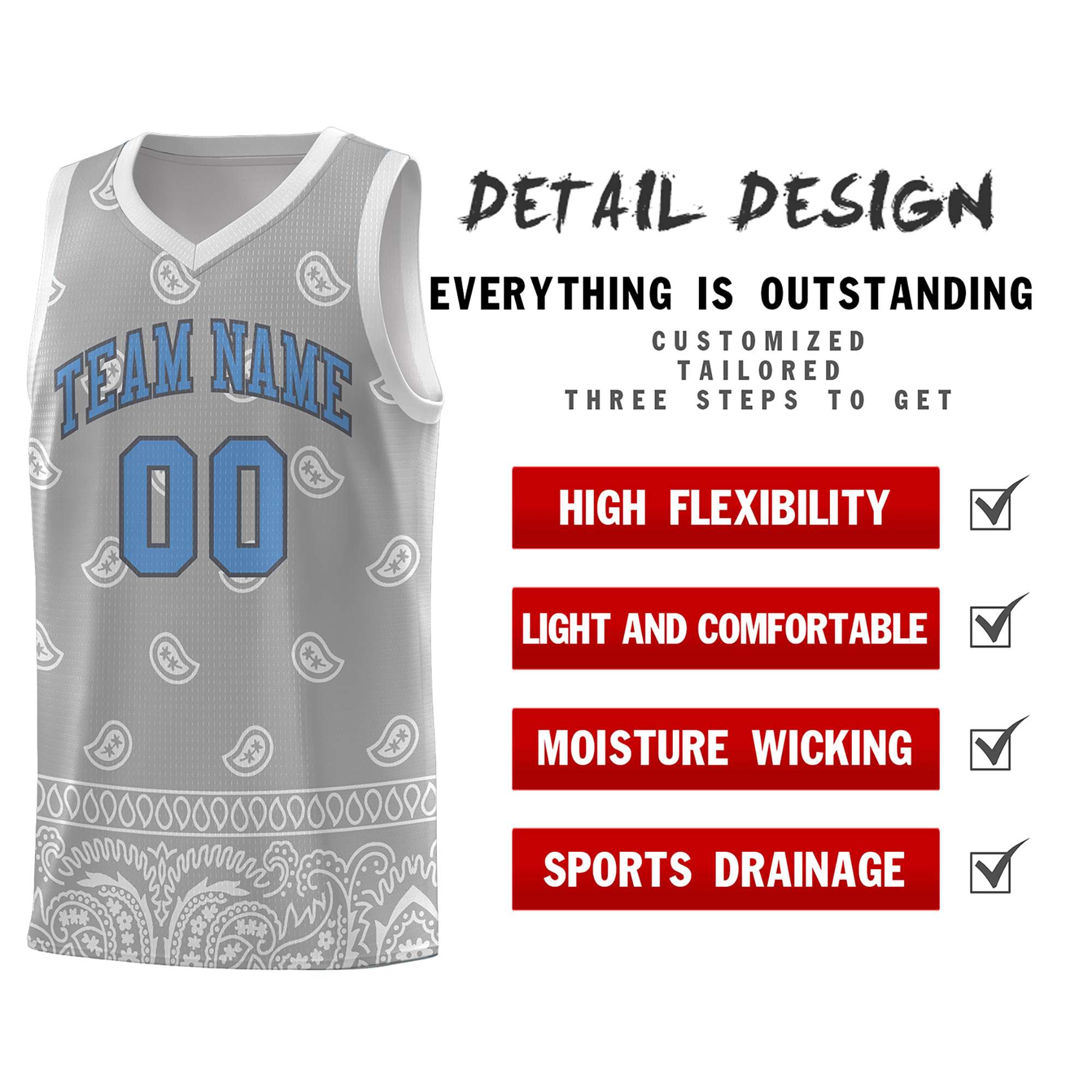 Custom Gray Light Gray Personalized Cashew Pattern Sports Uniform Basketball Jersey