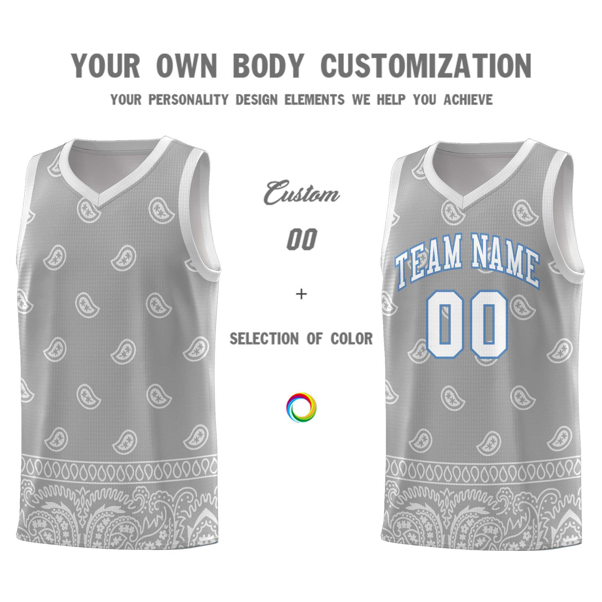 Custom Gray Light Gray Personalized Cashew Pattern Sports Uniform Basketball Jersey