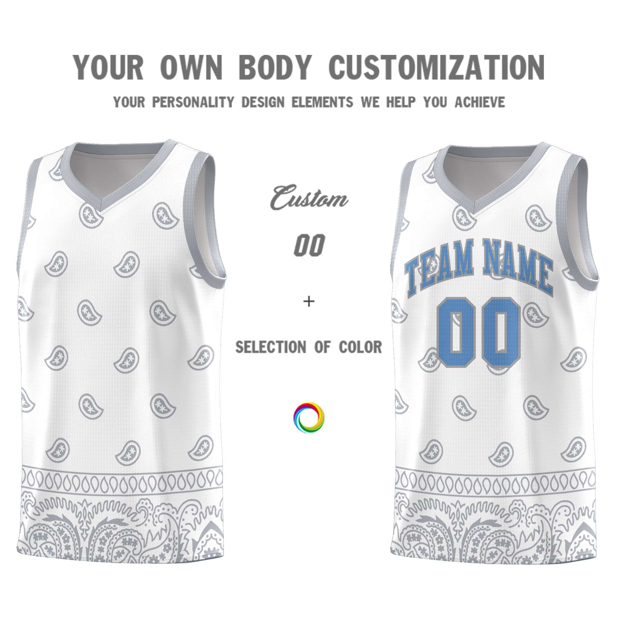 Custom White Gray Personalized Cashew Pattern Sports Uniform Basketball Jersey