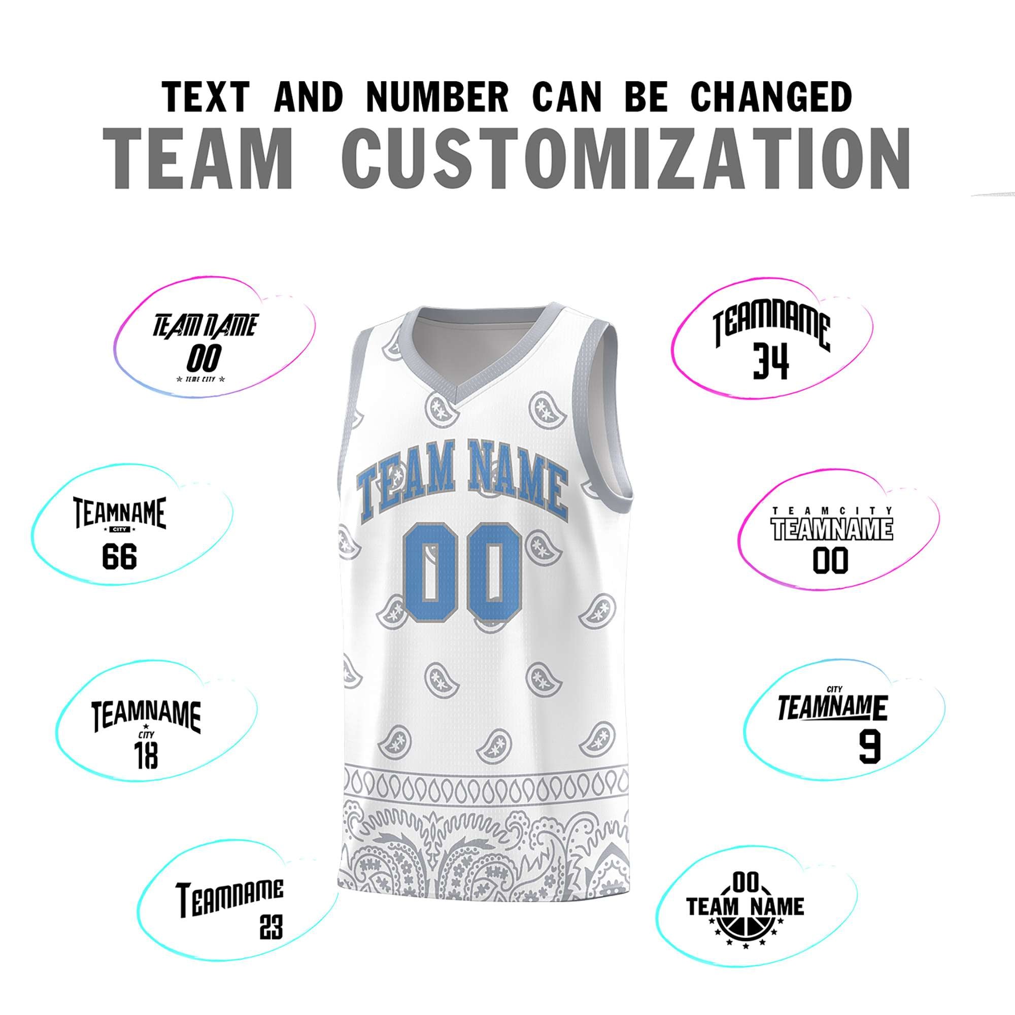 Custom White Gray Personalized Cashew Pattern Sports Uniform Basketball Jersey