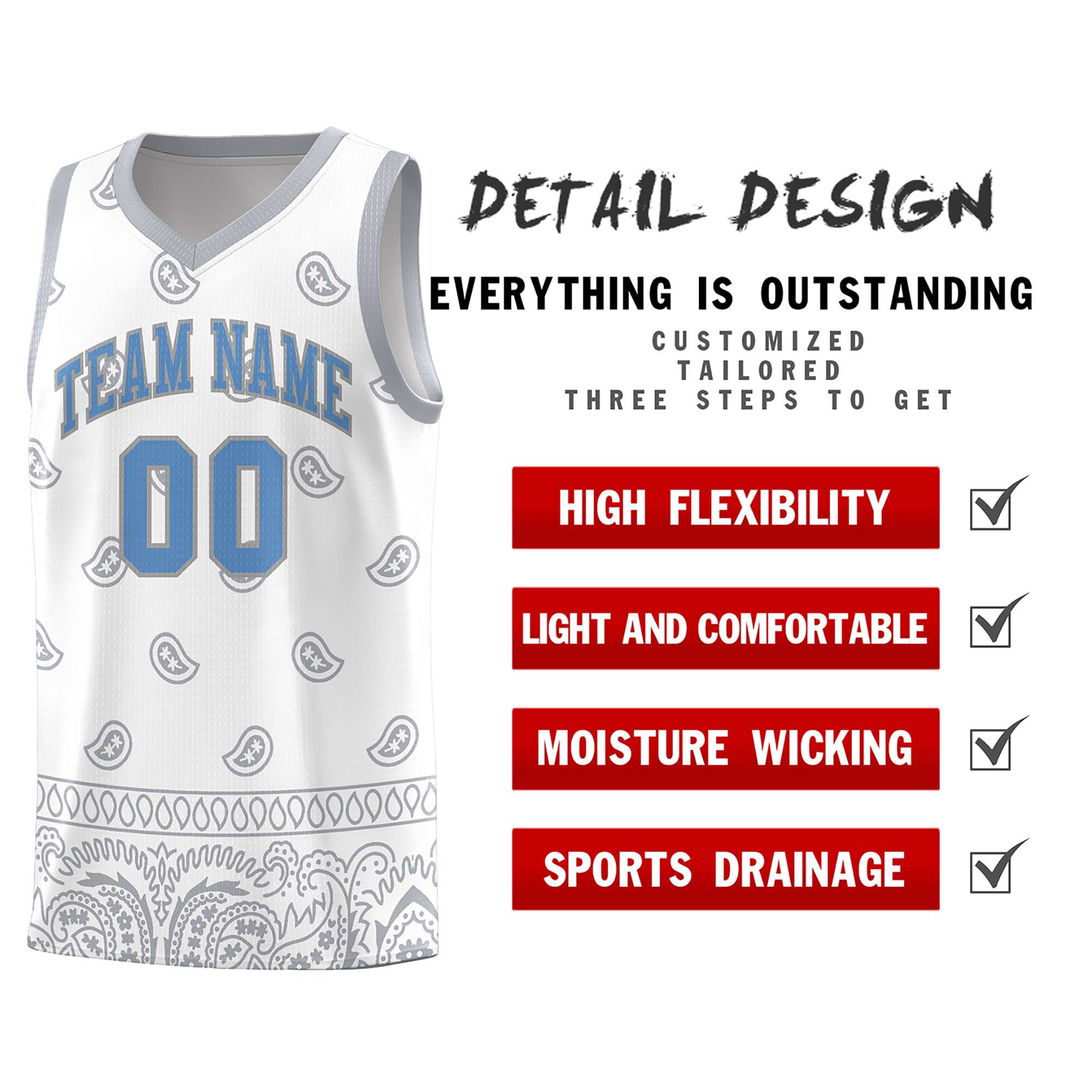 Custom White Gray Personalized Cashew Pattern Sports Uniform Basketball Jersey