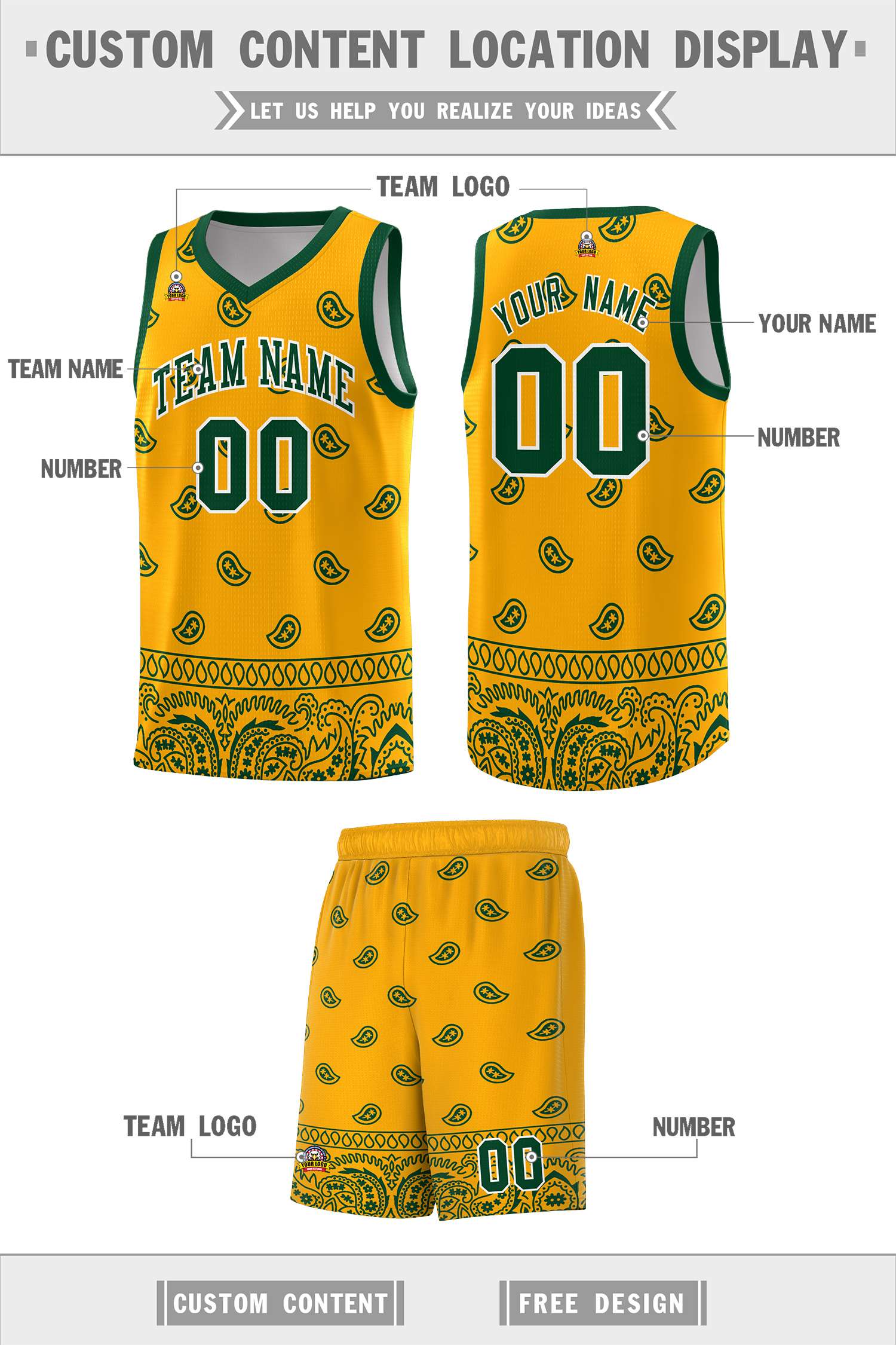 Custom Yellow Green Personalized Cashew Pattern Sports Uniform Basketball Jersey