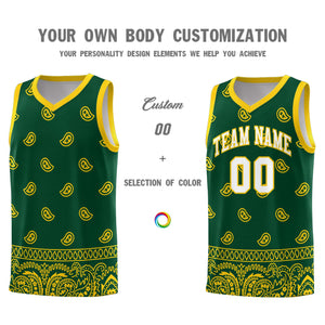 Custom Gold Green Personalized Cashew Pattern Sports Uniform Basketball Jersey