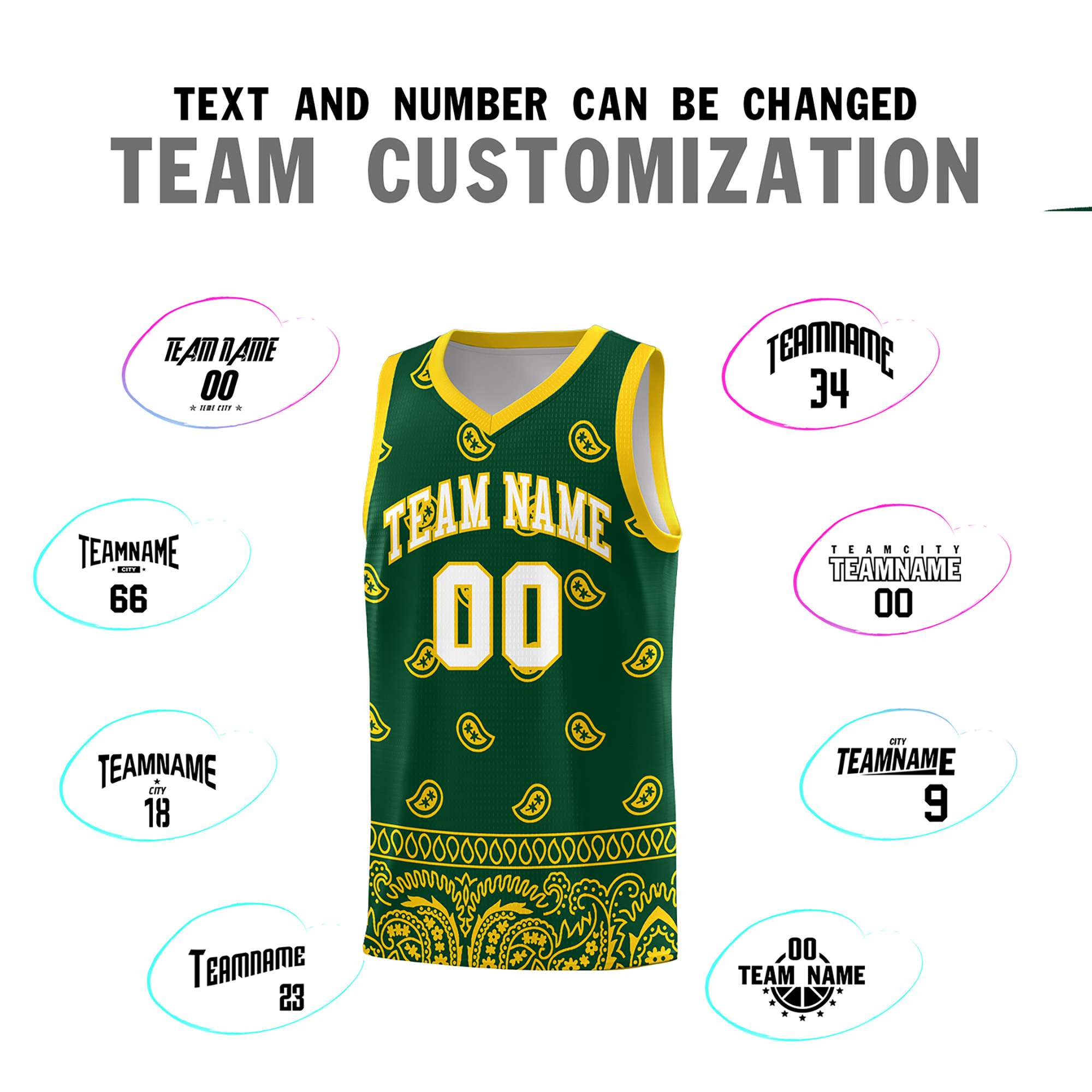 Custom Gold Green Personalized Cashew Pattern Sports Uniform Basketball Jersey