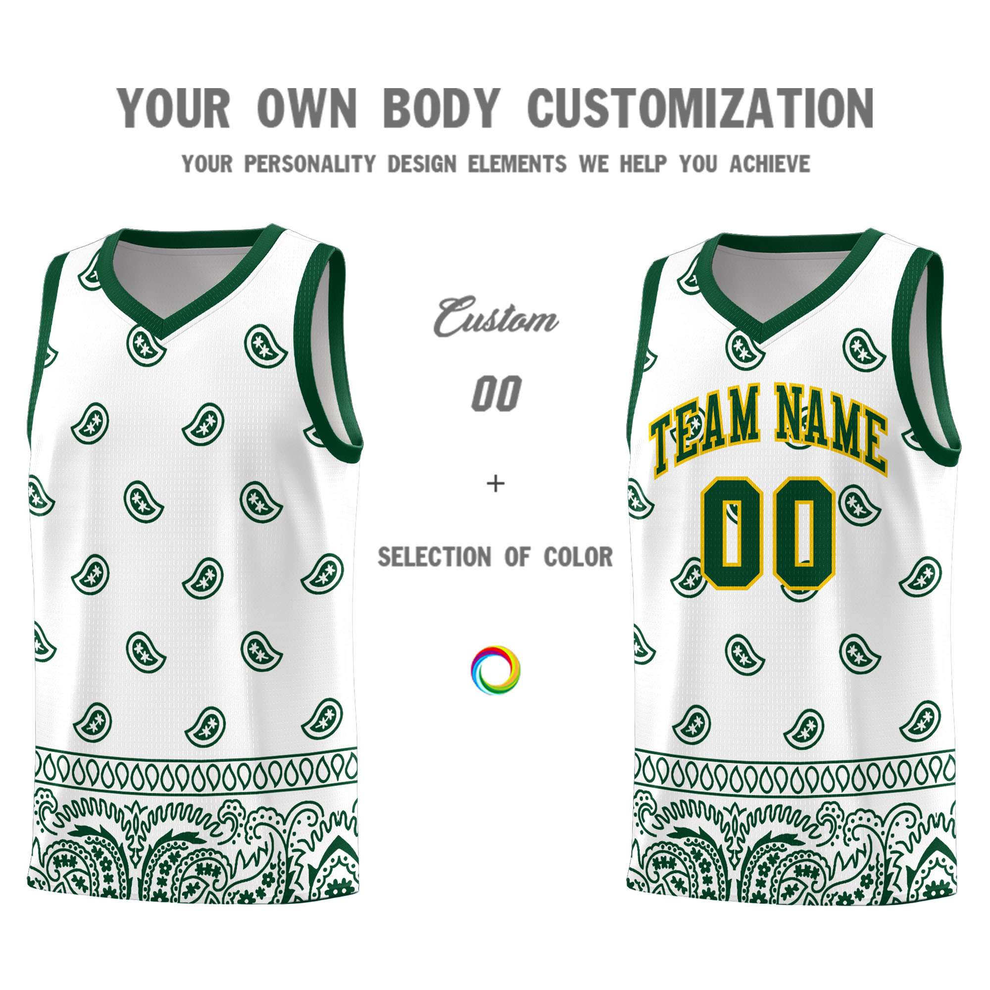 Custom Green White Personalized Cashew Pattern Sports Uniform Basketball Jersey