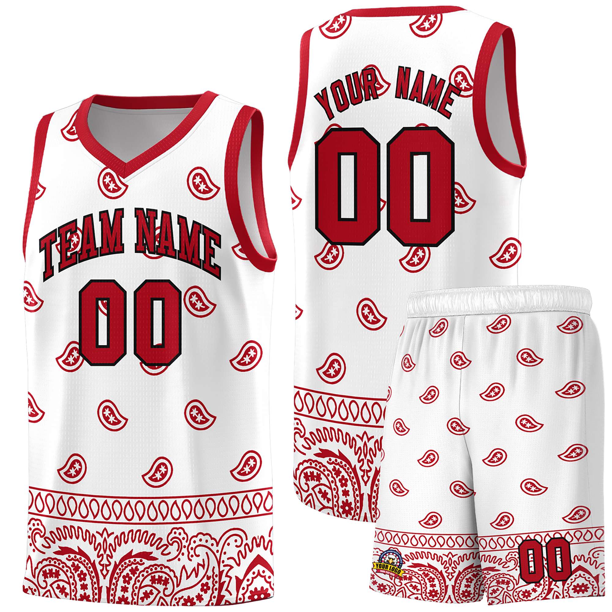 Custom White Red Personalized Cashew Pattern Sports Uniform Basketball Jersey