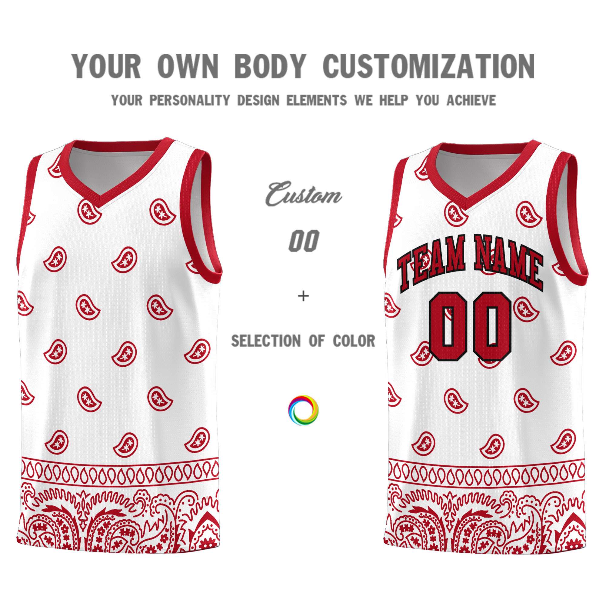 Custom White Red Personalized Cashew Pattern Sports Uniform Basketball Jersey