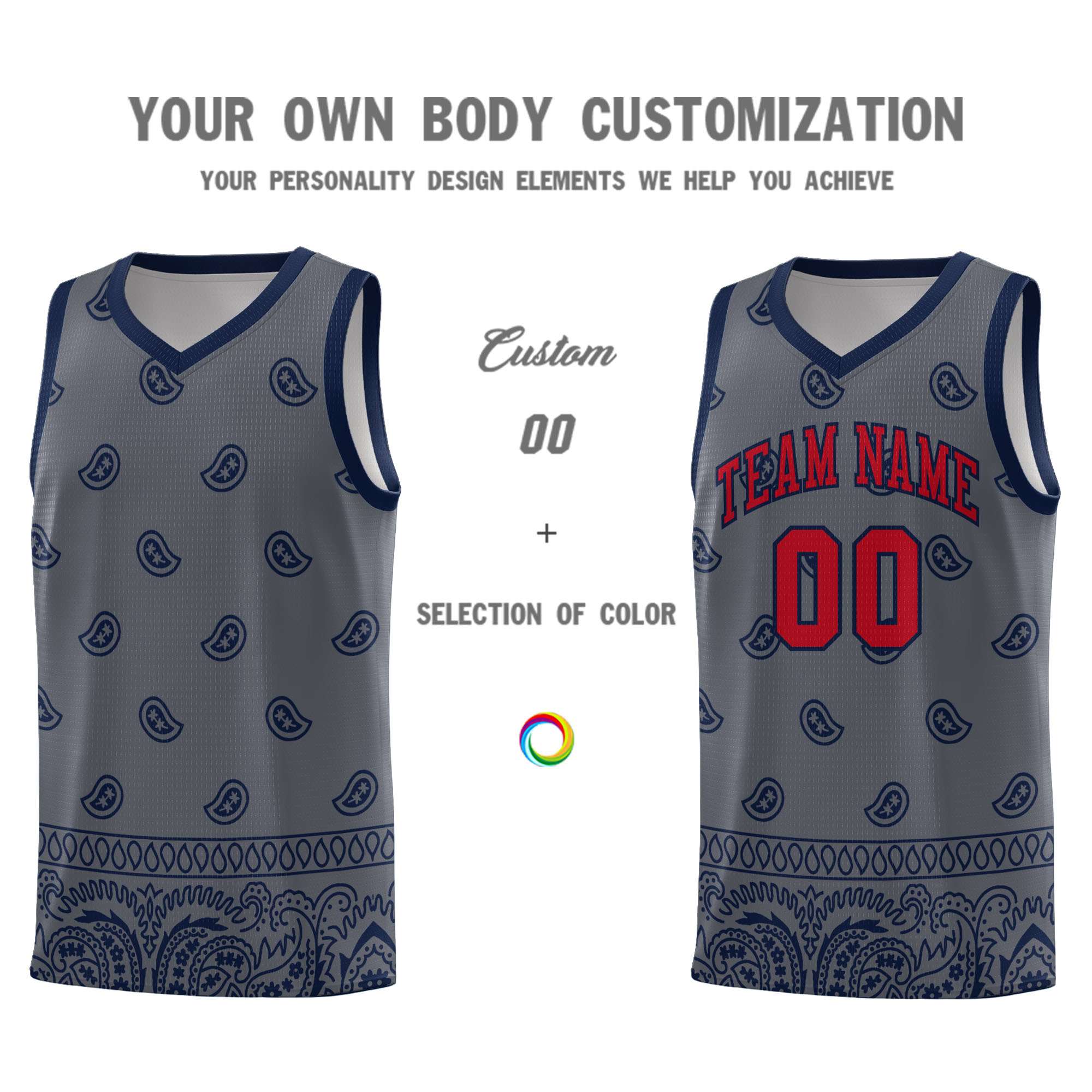 Custom Dark Gray Navy Personalized Cashew Pattern Sports Uniform Basketball Jersey