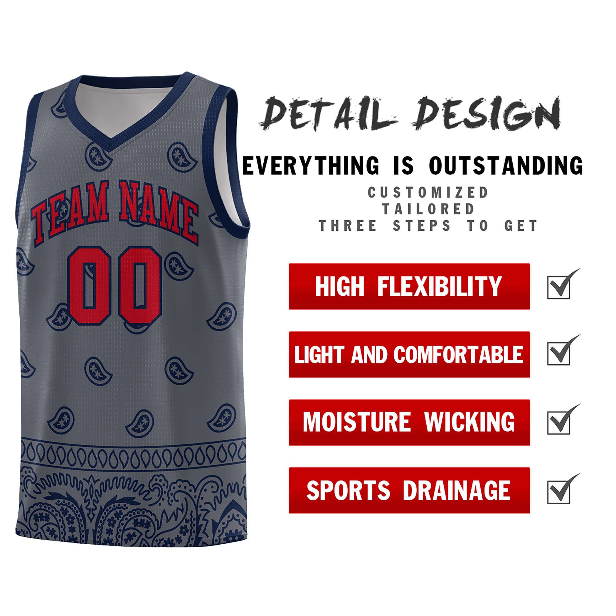 Custom Dark Gray Navy Personalized Cashew Pattern Sports Uniform Basketball Jersey