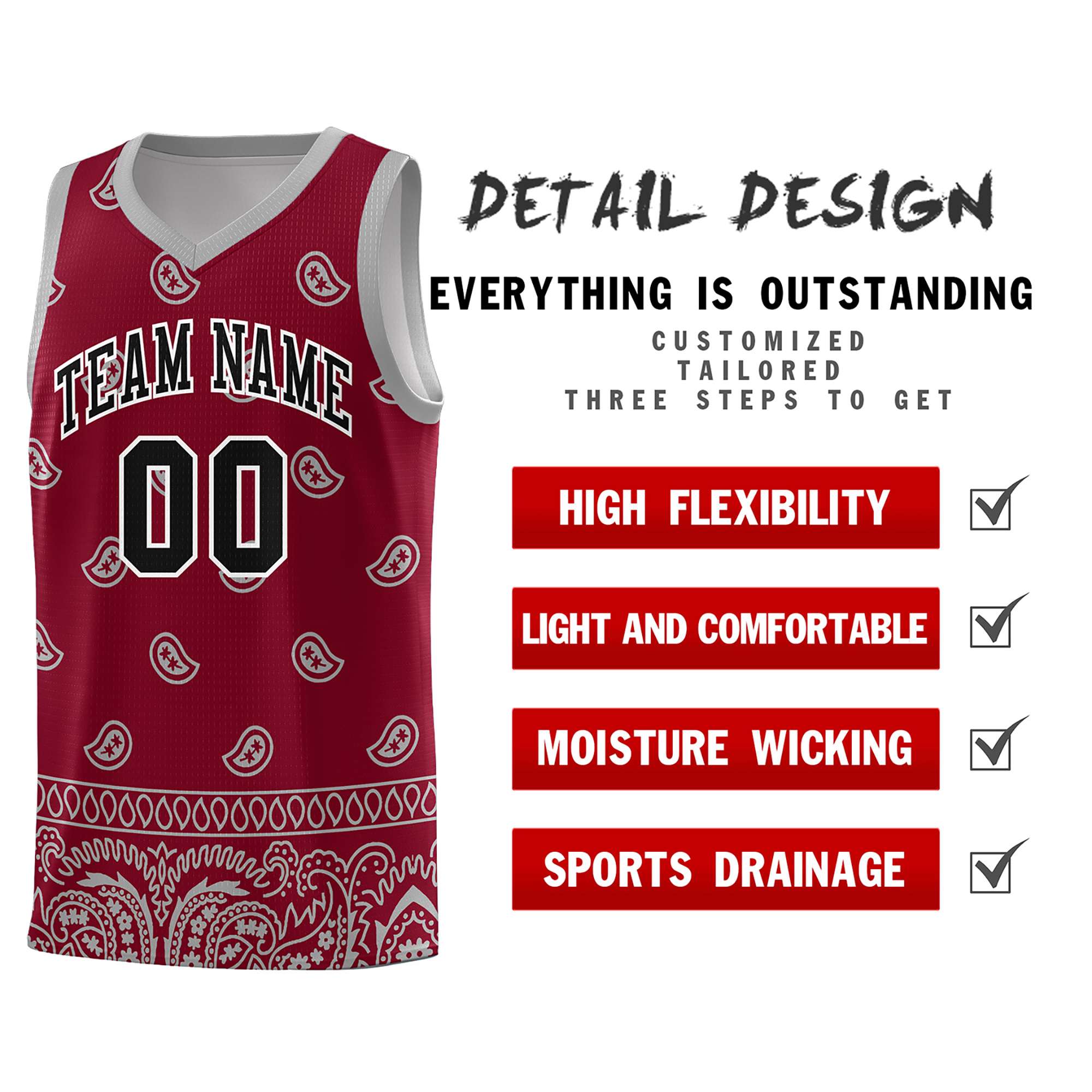 Custom Crimson Gray Personalized Cashew Pattern Sports Uniform Basketball Jersey