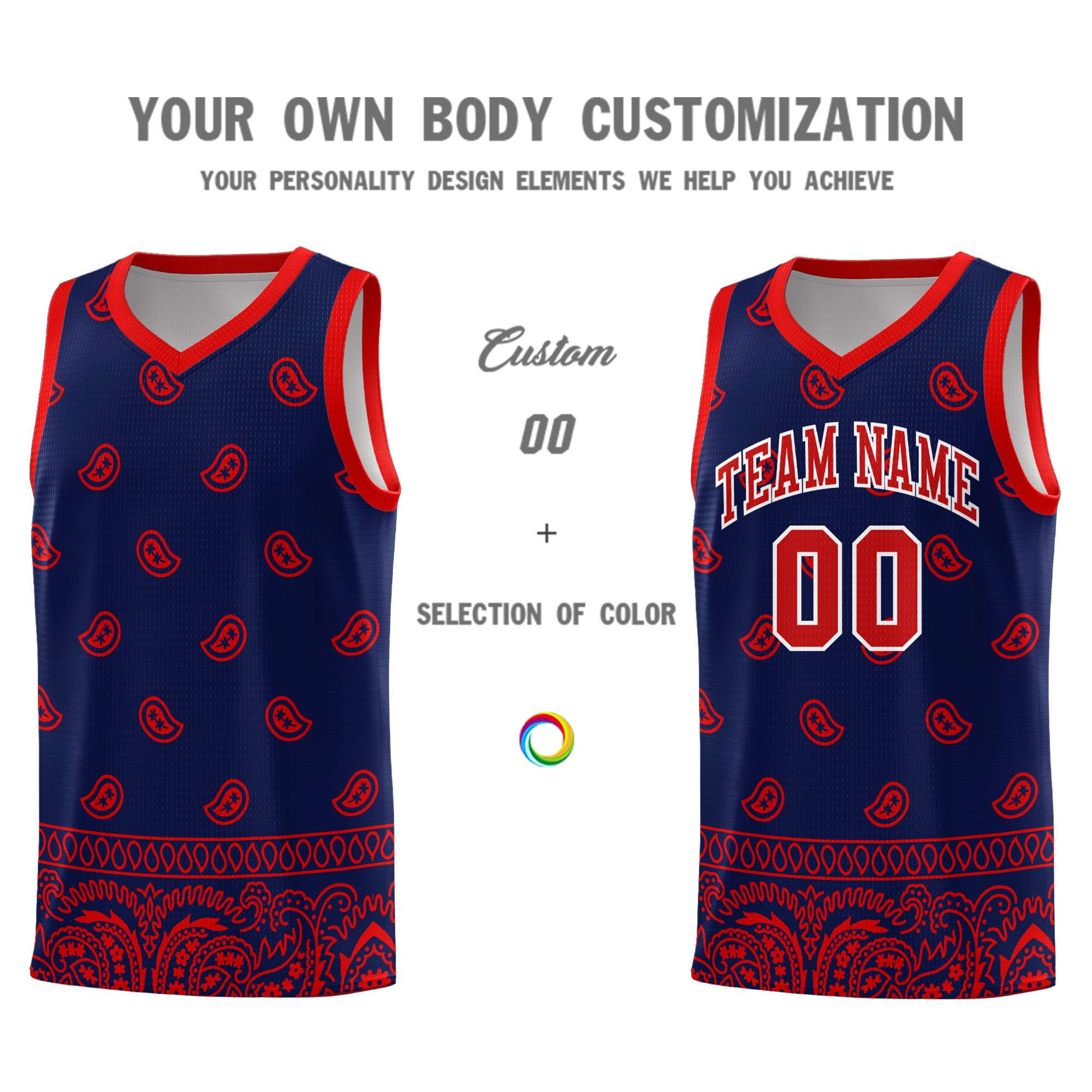 Custom Navy Red Personalized Cashew Pattern Sports Uniform Basketball Jersey